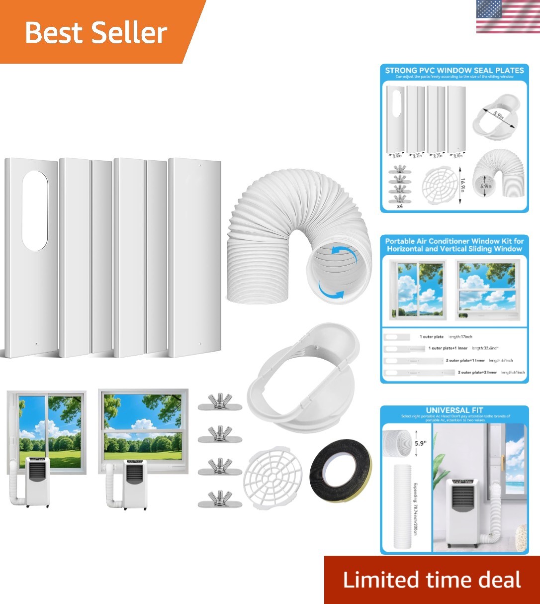 Portable Air Conditioner Window Vent Kit 5.9 Inch Exhaust Hose Adjustable