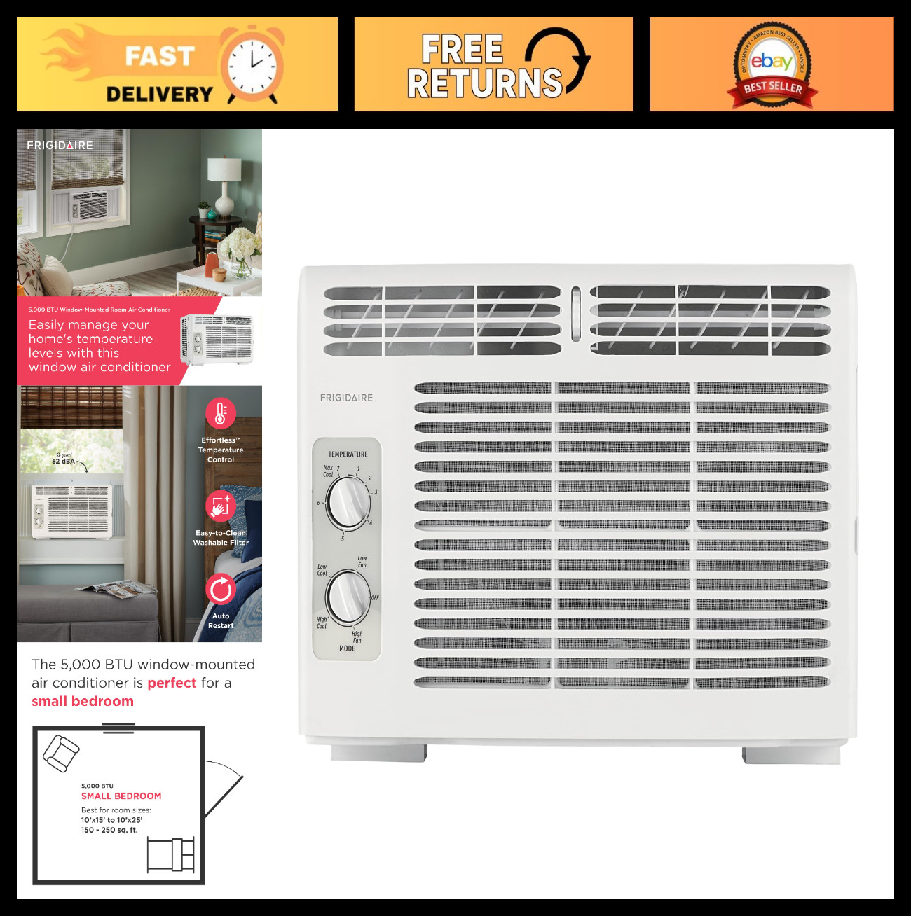 5,000 BTU Window Air Conditioner – Cools 150 Sq. Ft., Quiet, 2 Fan Speeds, Auto