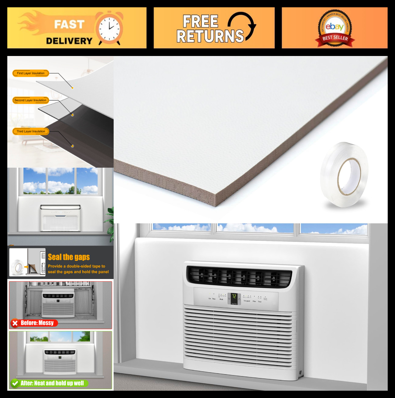 Window Air Conditioner Side Panels – Full Surround Foam Seal for Summer & Winter