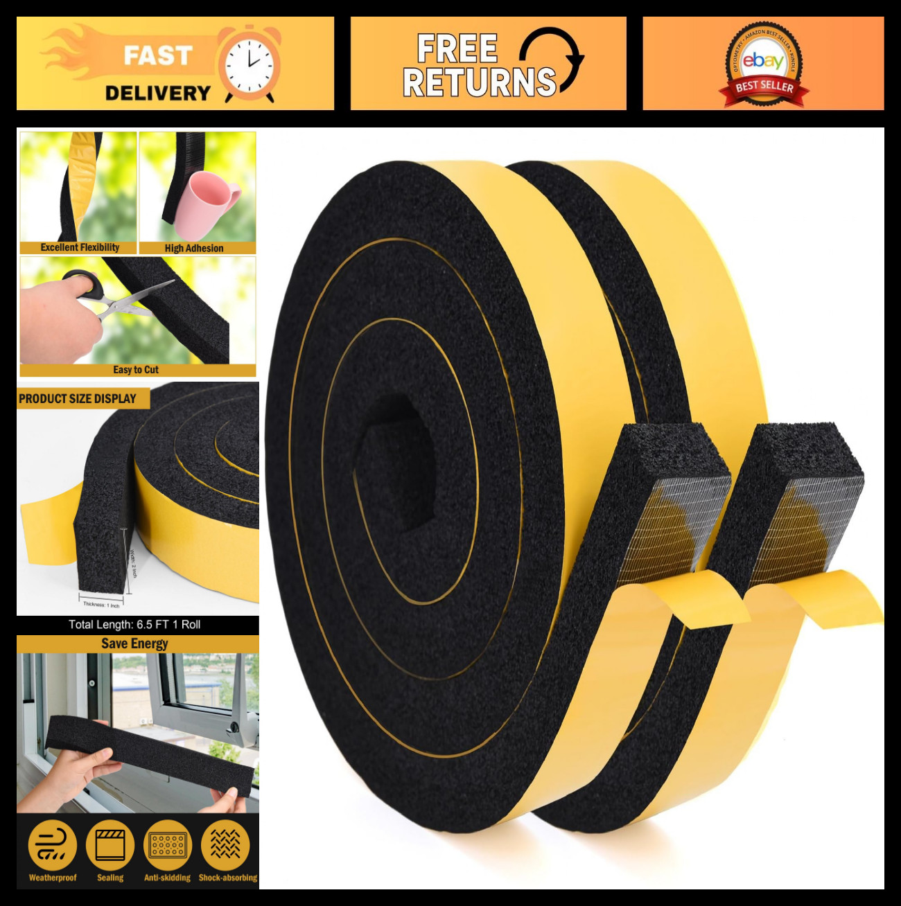 Window Air Conditioner Foam Tape 2&Prime; Wide x 1&Prime; Thick Weather Stripping Seal Strip