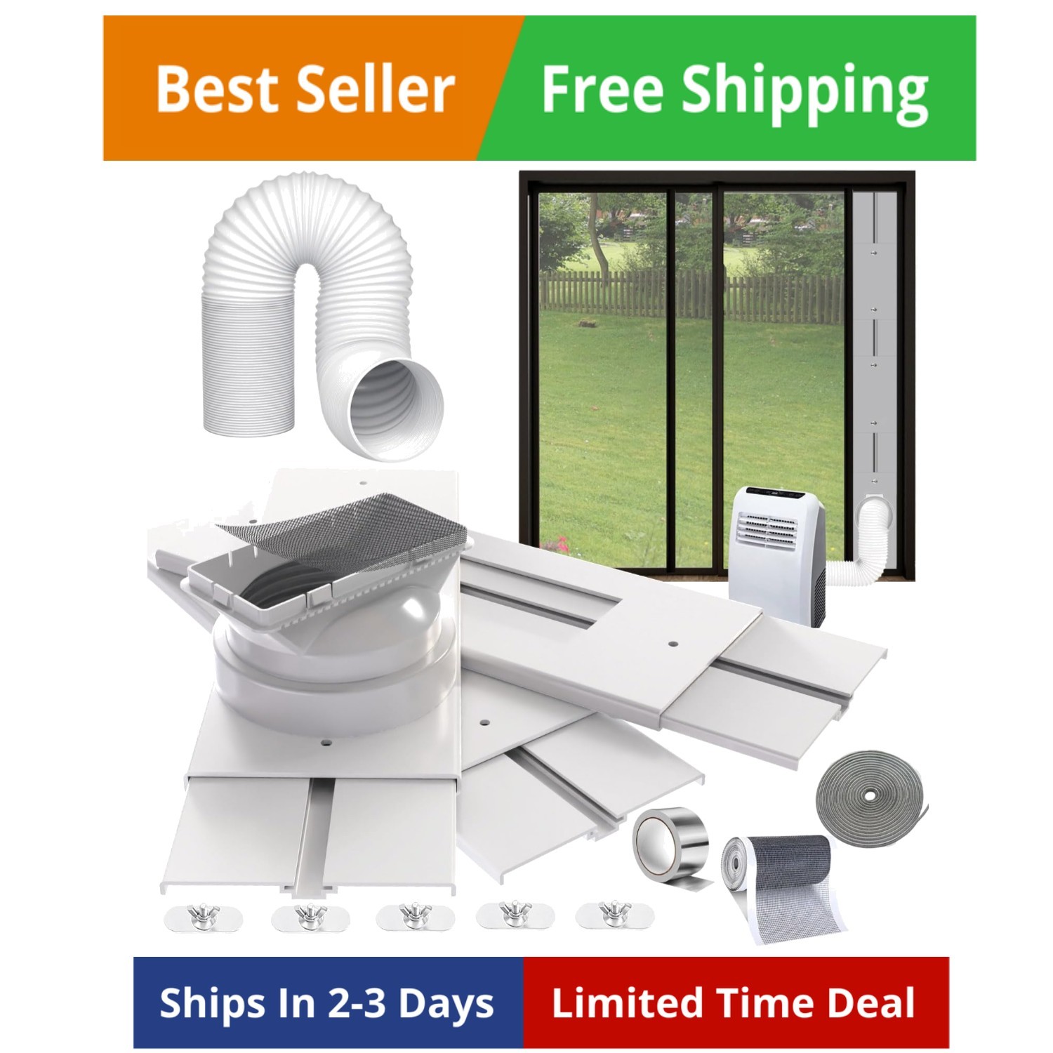 95&Prime;Sliding Door AC Vent Kit with Φ 5.1&Prime;Extendable Hose Screen net & Weather S…
