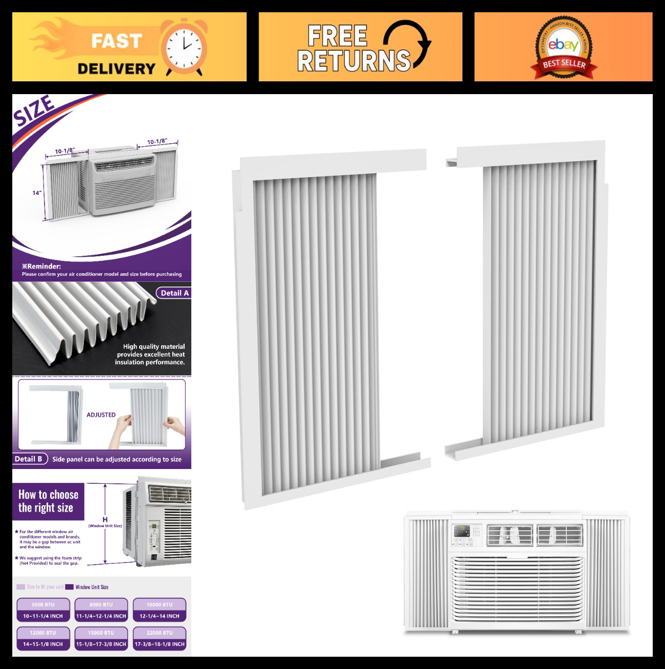 Window Air Conditioner Side Panels Kit – Adjustable Insulation Filler Curtain, A