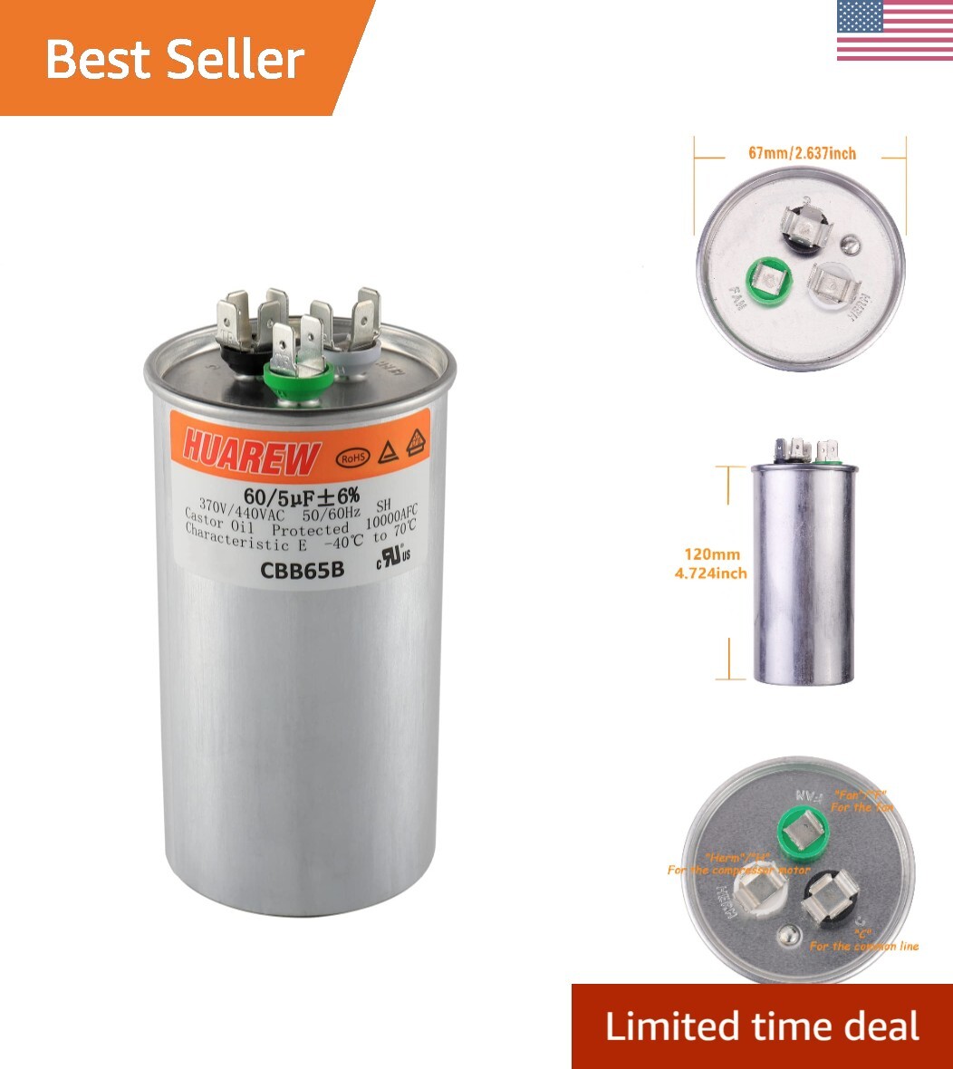 Compact 60+5 uF 370/440 VAC Capacitor – Ideal for Fan and Compressor Motors