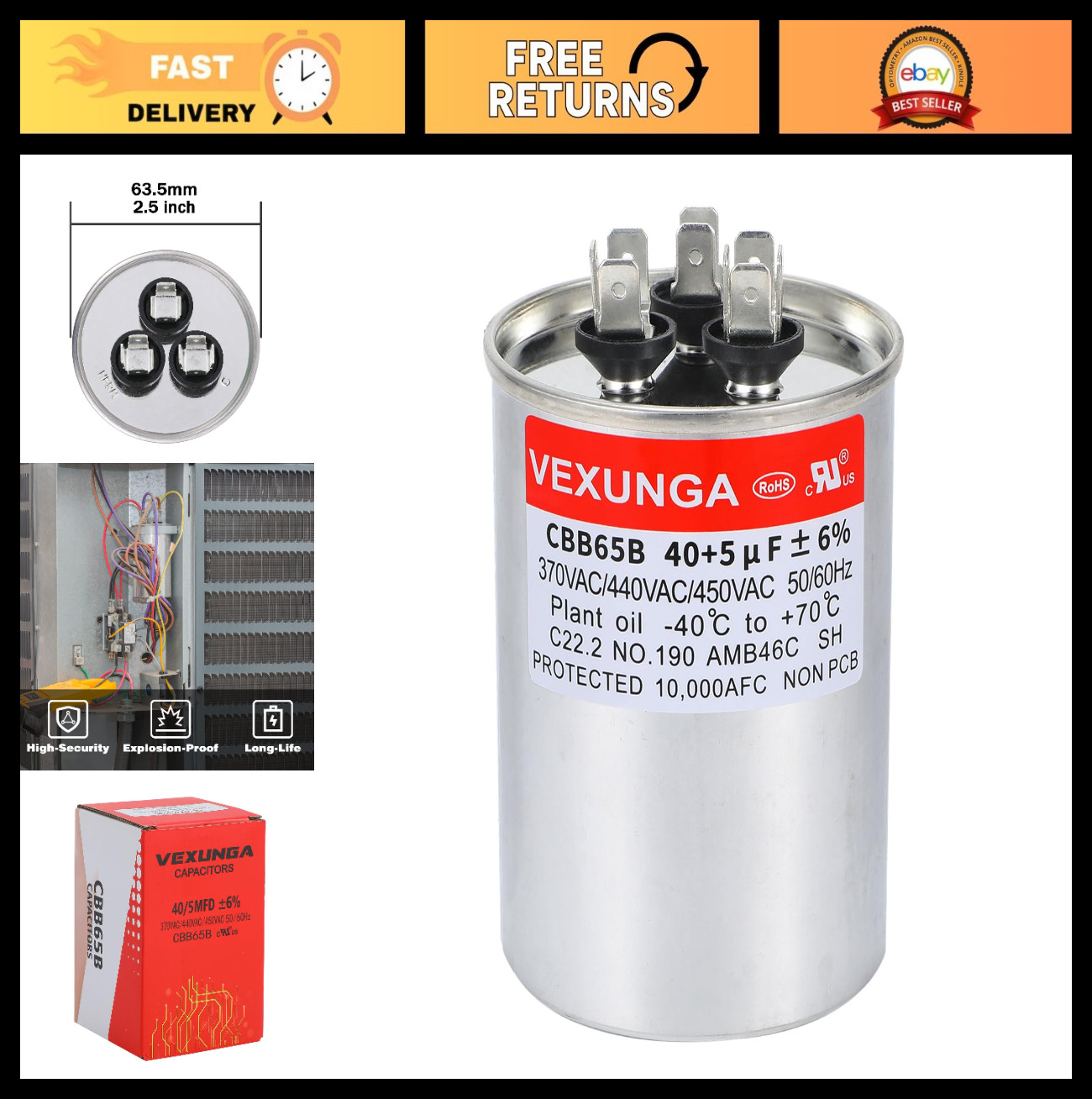 40/5uF AC Capacitor 370/440V Dual Run Start for Air Conditioner Motor & Fan