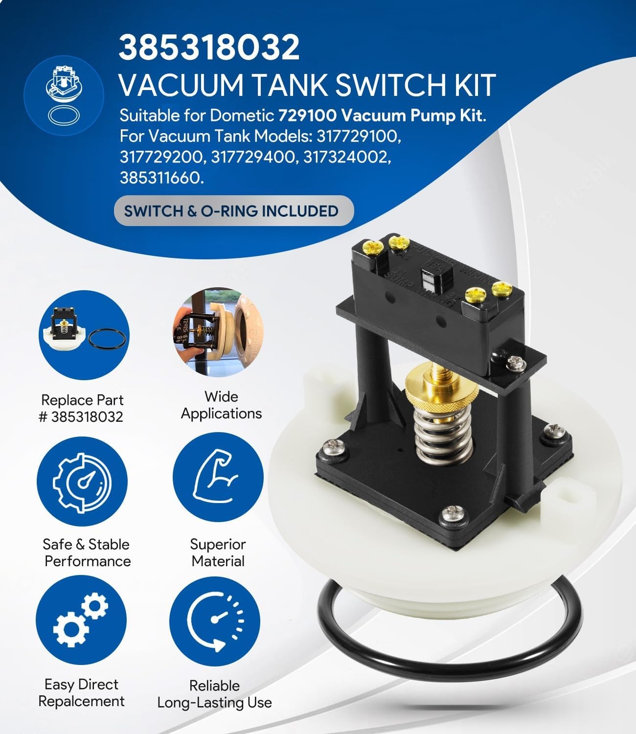 Replacement for Dometic Sealand 385318032 Vacuum Tank Switch Kit White