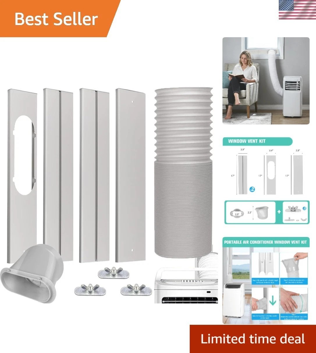 Nihoney Portable AC Window Vent Kit – 5.9&Prime; Exhaust Hose, Adjustable 59&Prime; Seal