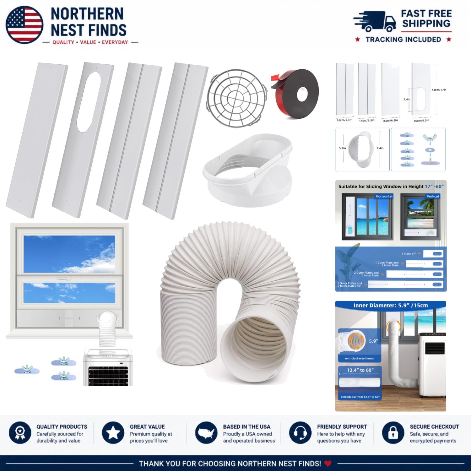 Durable Portable Air Conditioner Vent Kit – 5.9&Prime; Diameter, 59&Prime; Adjustable Length