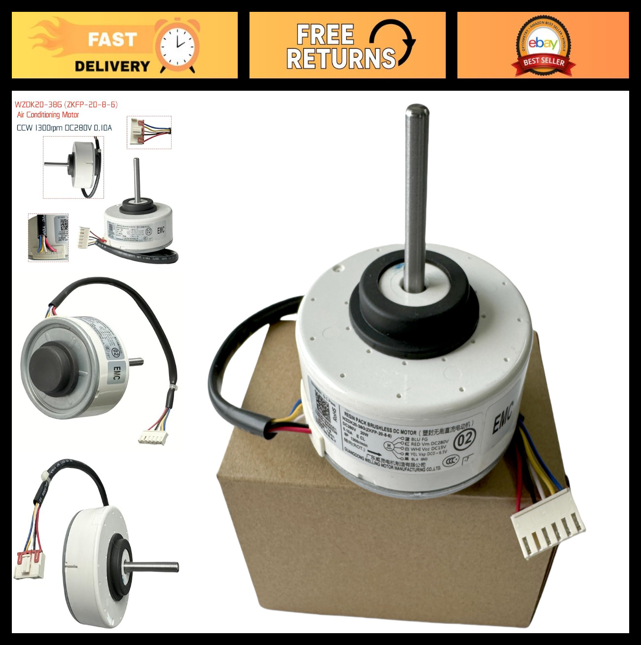 DC Brushless Fan Motor 20W for Air Conditioner, 1300RPM Inverter Motor, CCW