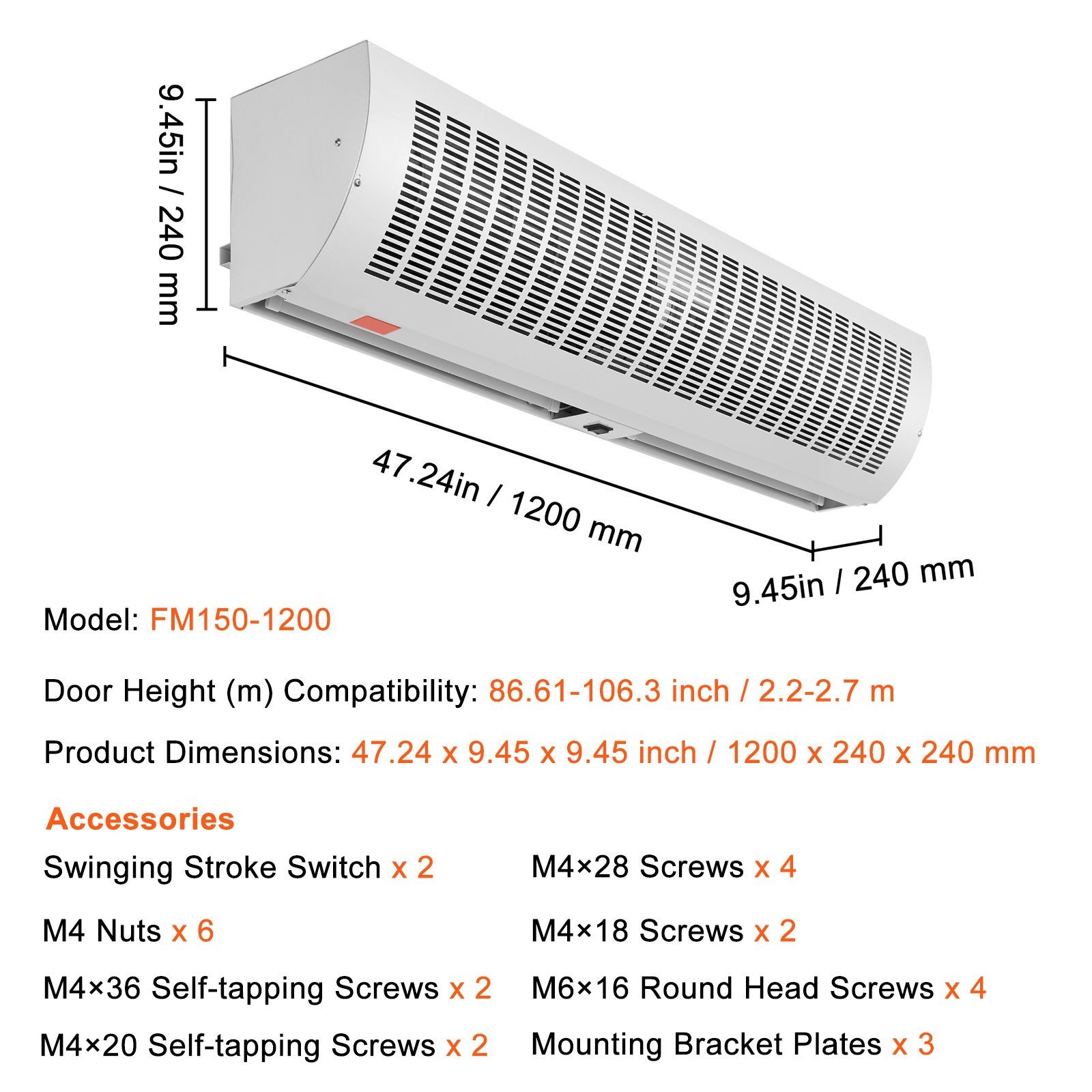48in Indoor Air Curtain 1650CFM, Dual Speed, Wall Mounted, 110V Unheated