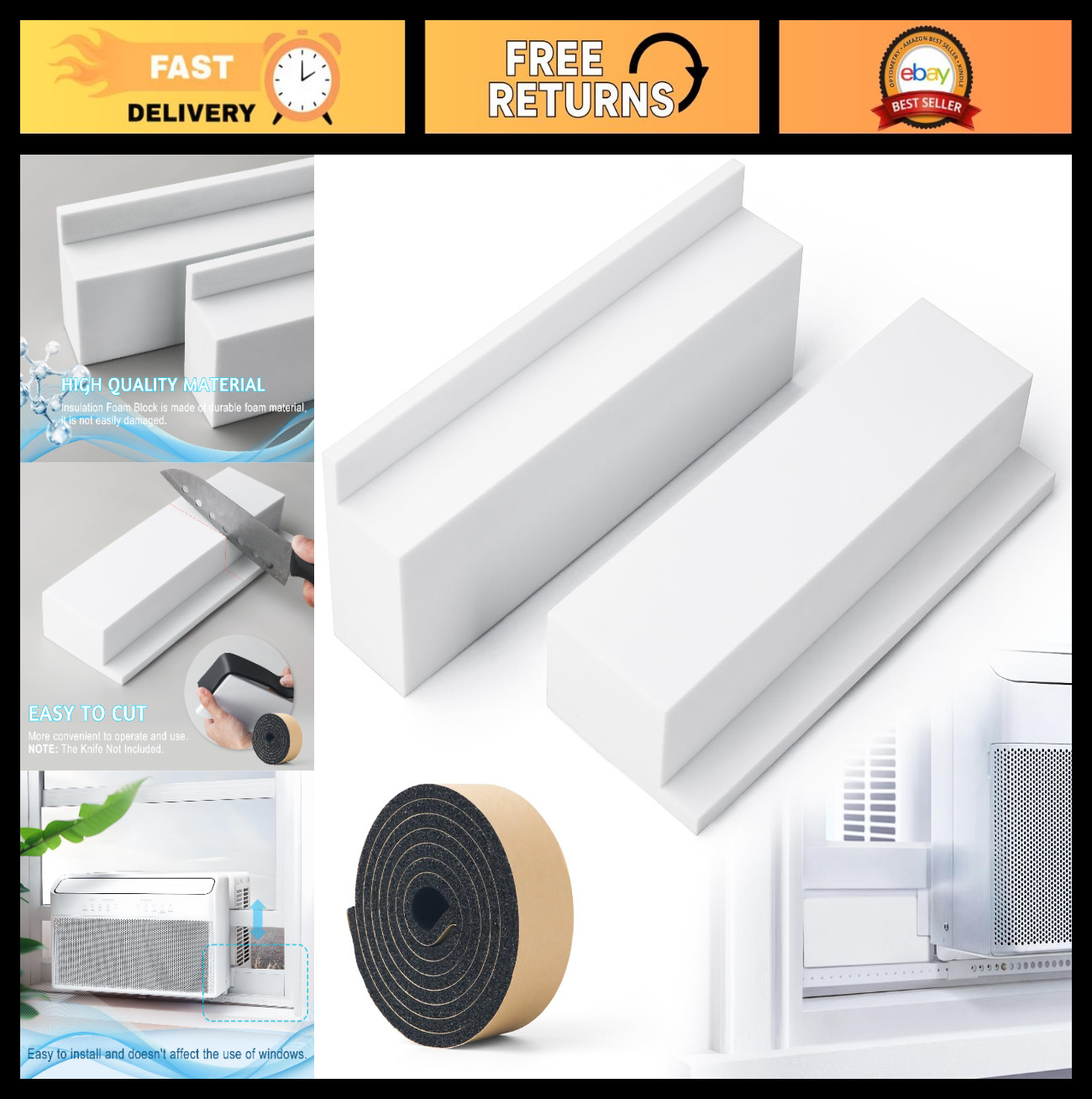 Insulated Foam Blocks for U-Shaped AC Units, 2 Pack Side Panels, Easy Cut Fit, W