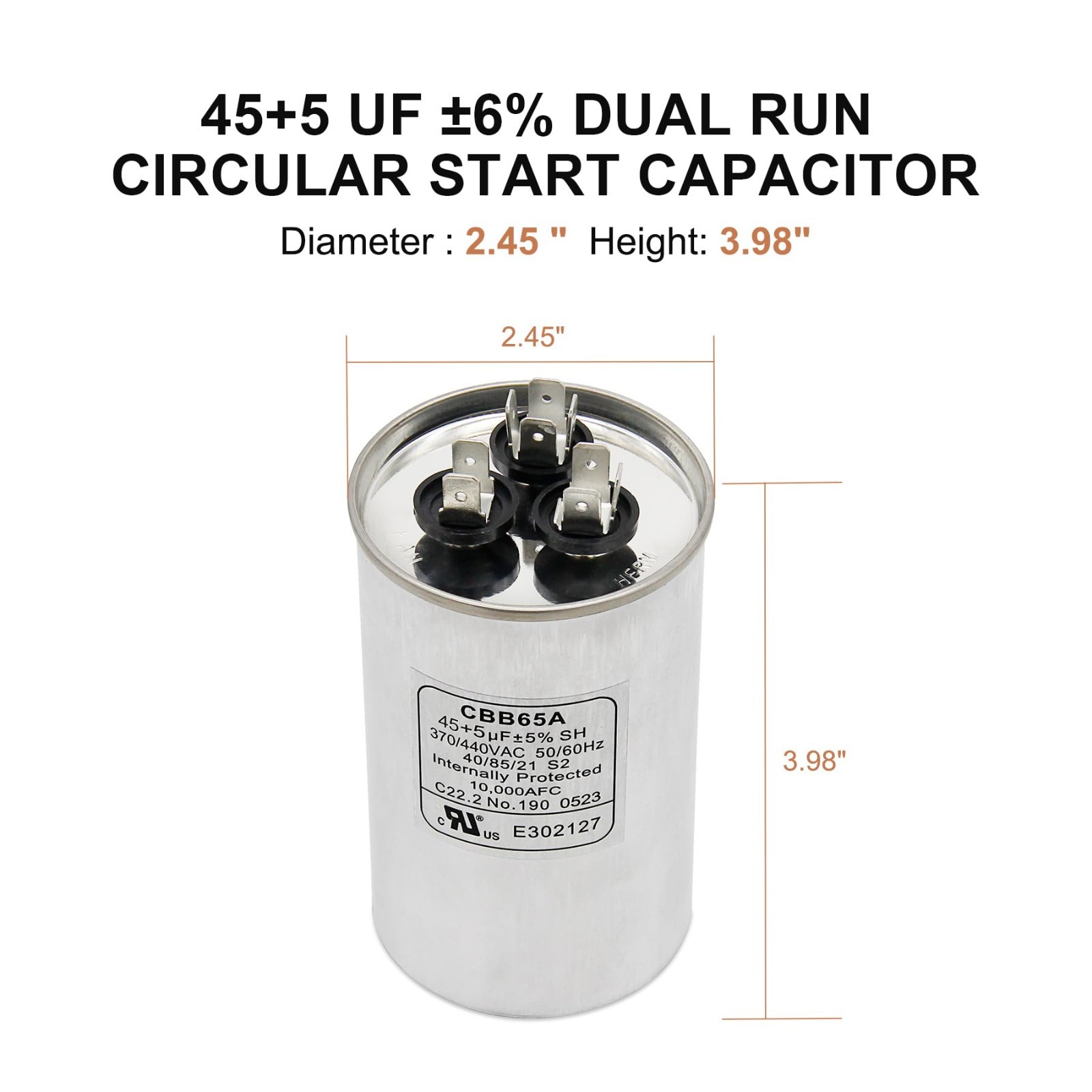 Dual Run Capacitor 45+5 uF 370V/440V for AC, Heat Pump, Fan – 2 Pack