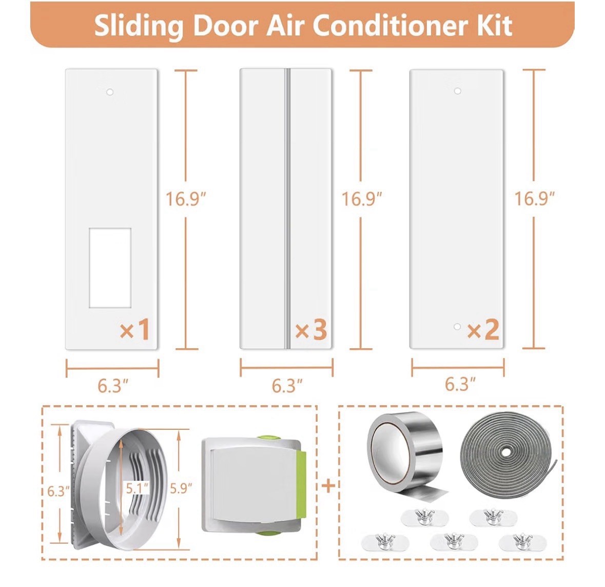 95&Prime; Sliding Door AC Vent Kit with Φ 5.9&Prime;AC Hose Filter Screen & Weather Strippin