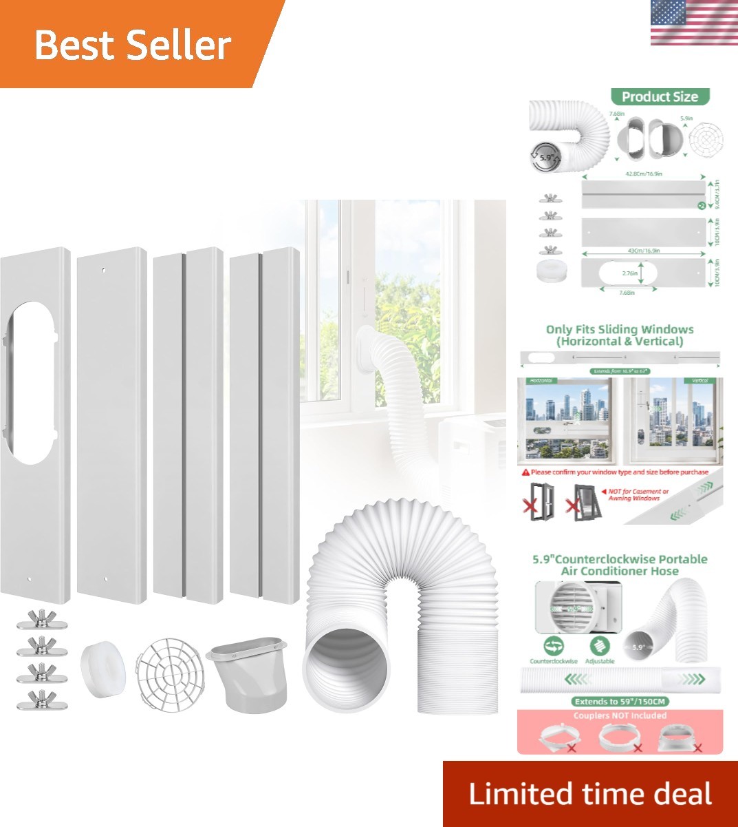 5.9&Prime; Diameter Adjustable AC Window Vent Kit – Energy Saving & Easy Install
