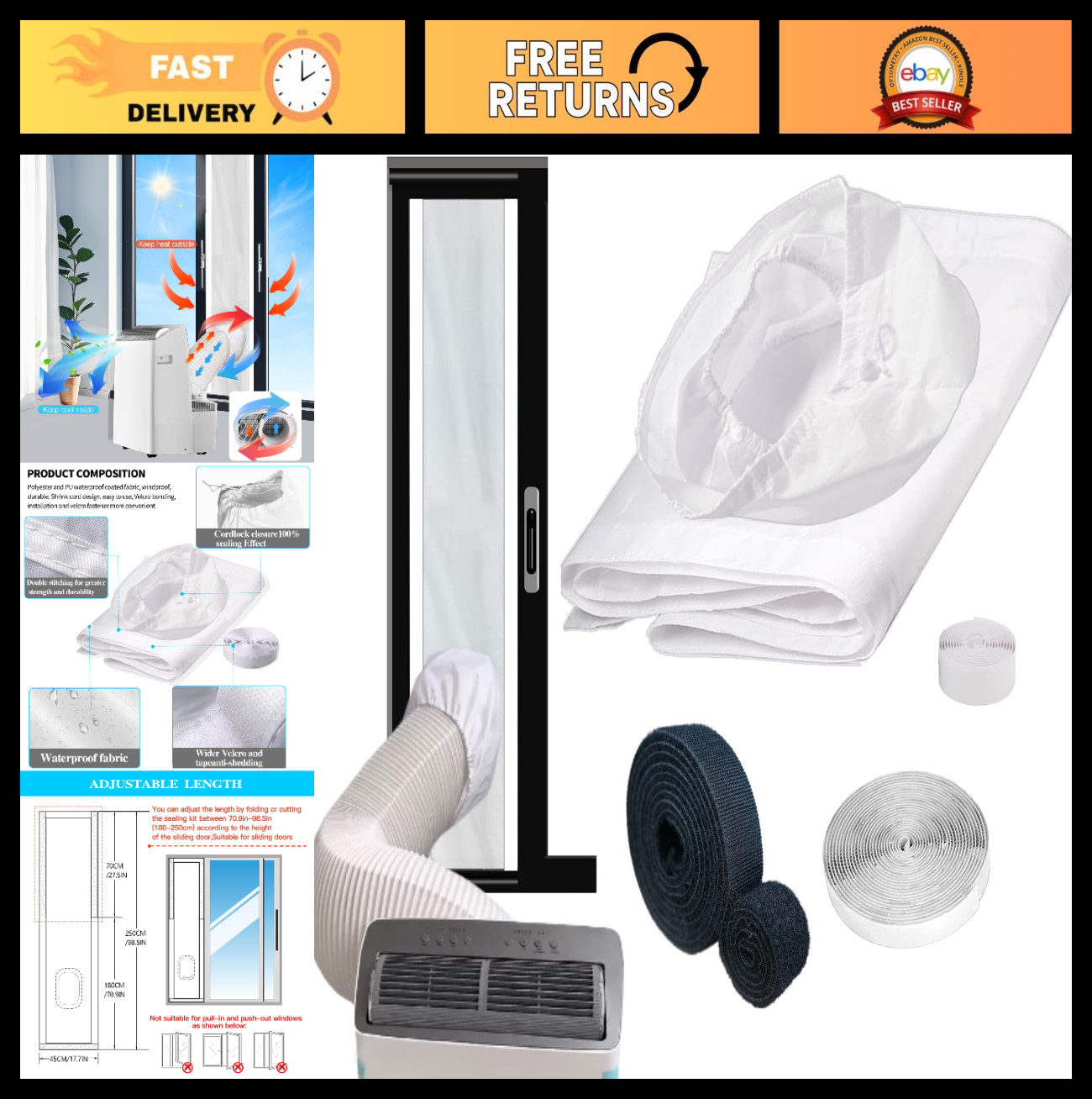 98&Prime; Portable Air Conditioner Sliding Door Seal Kit – Dual Hose Vent Kit for 1400