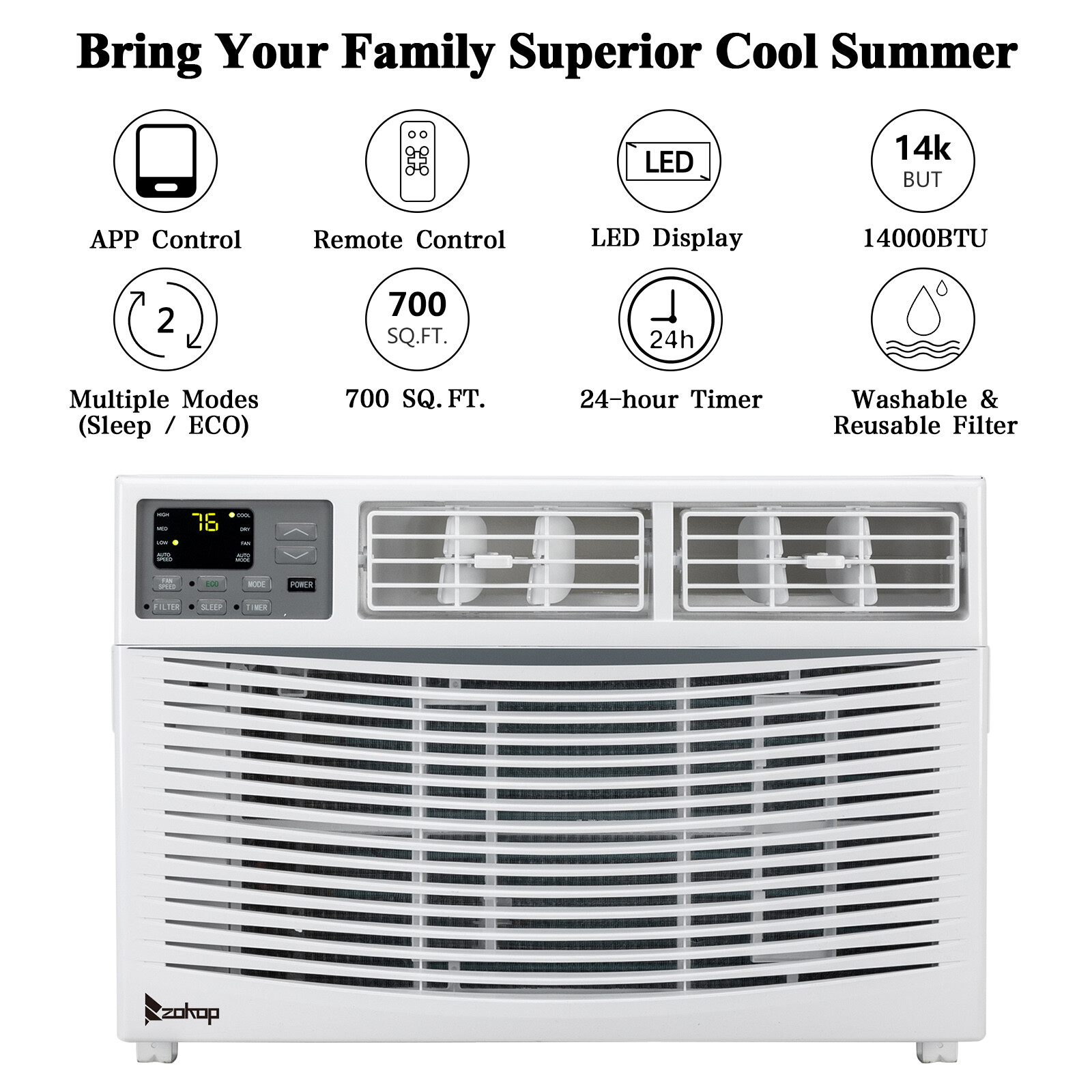 Zokop 5000- 15000 BTU Window Air Conditioner AC Unit Knob/Remote Control White