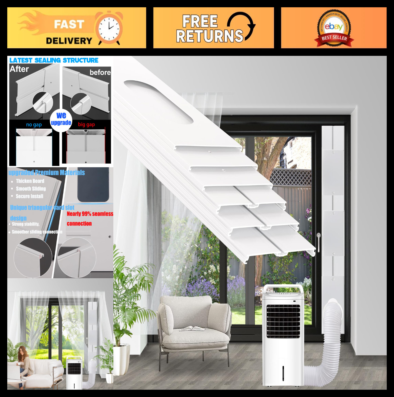 Portable Air Conditioner Vent Kit for Sliding Doors – 90in Max Length, 5.1&Prime; Diam