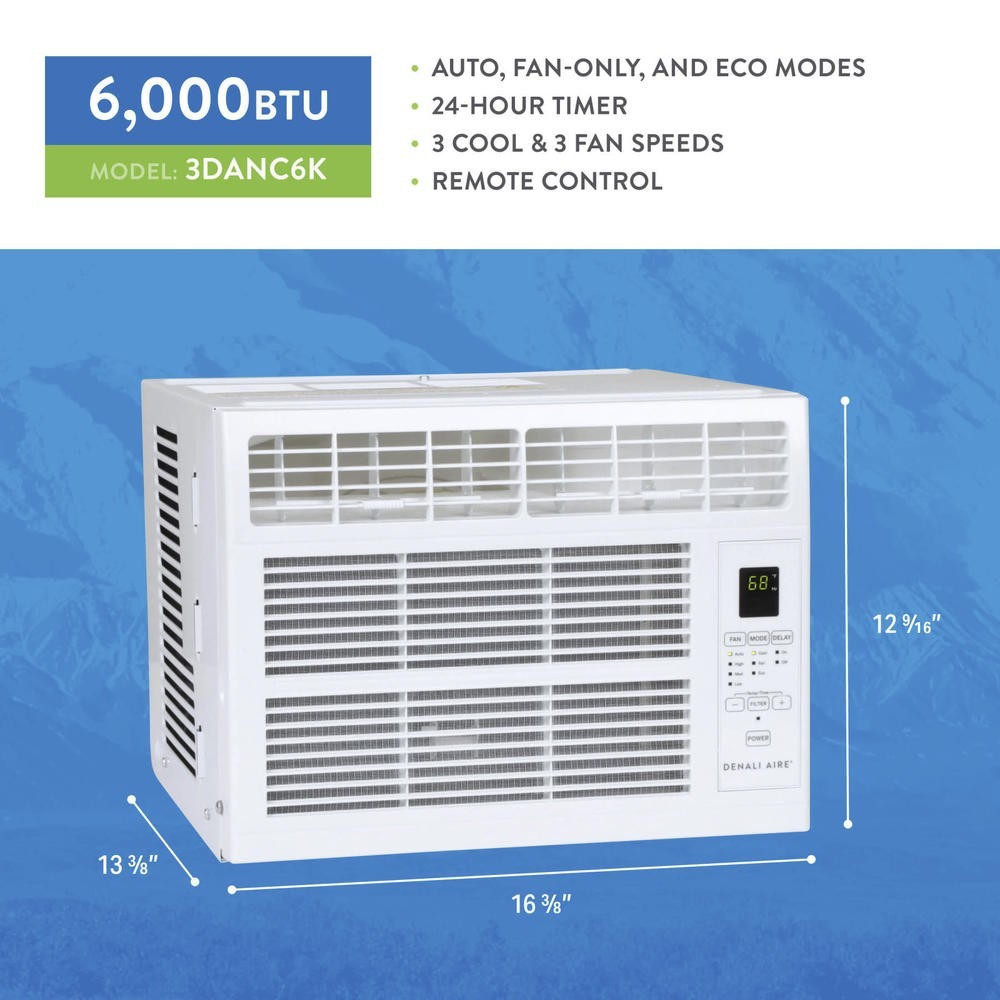 6000 BTU 115V Remote Window Air Conditioner 3 Fan Speed Auto Restart Function