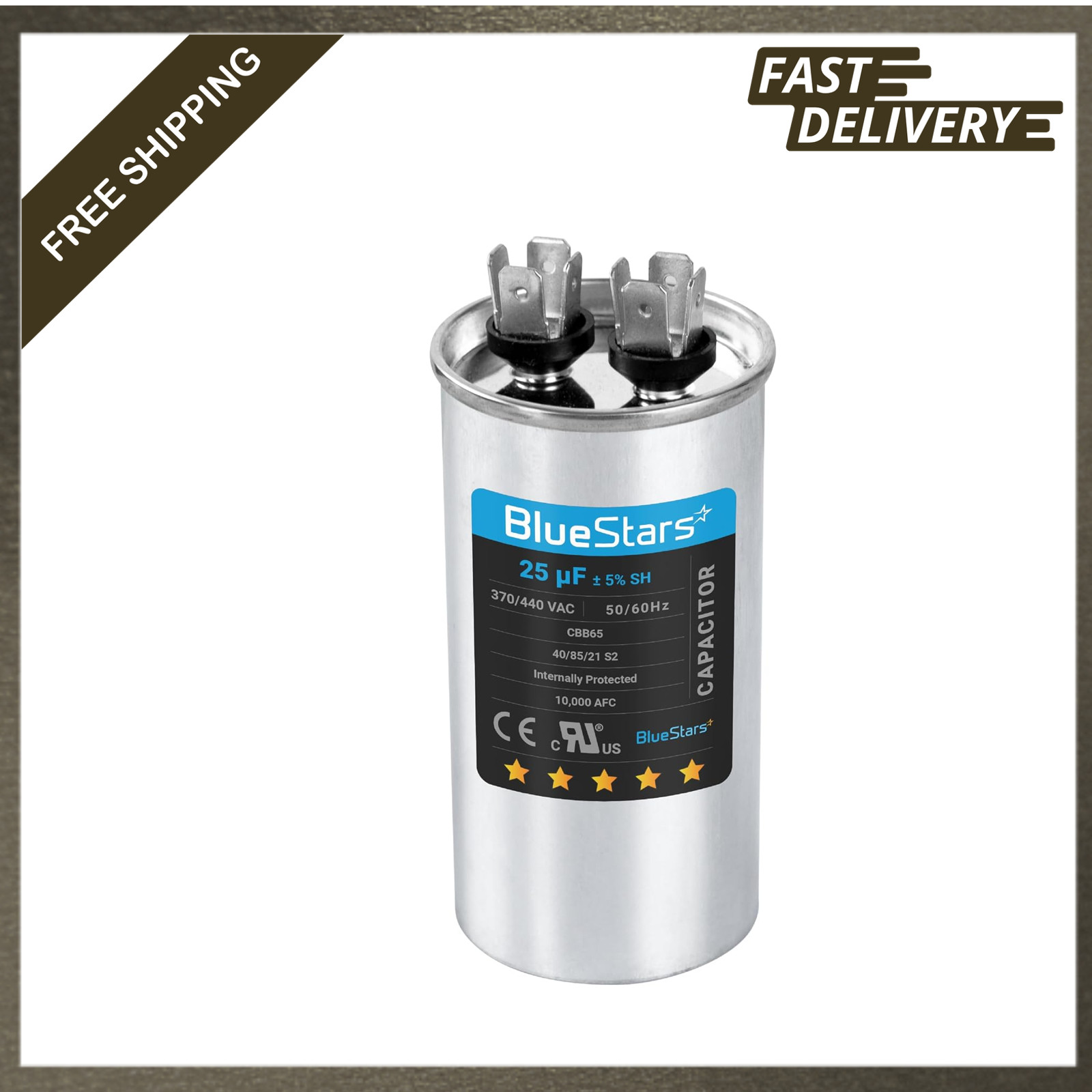 25 uf Capacitor for Air Conditioners and Motors, 370 440 V AC, UL Listed, Run
