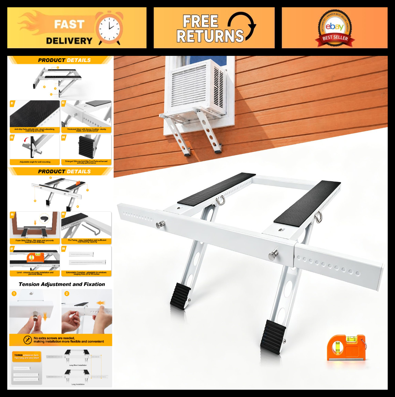 Adjustable Window AC Bracket No Drill, 23&Prime;-39&Prime; Heavy Duty Support for Single Hun