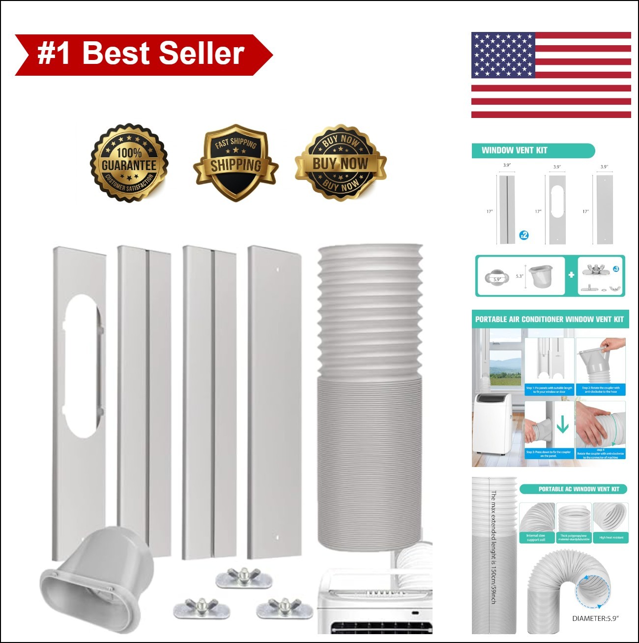 Portable Air Conditioner Window Vent Kit 5.9 Inch Exhaust Hose 59&Prime; Seal for