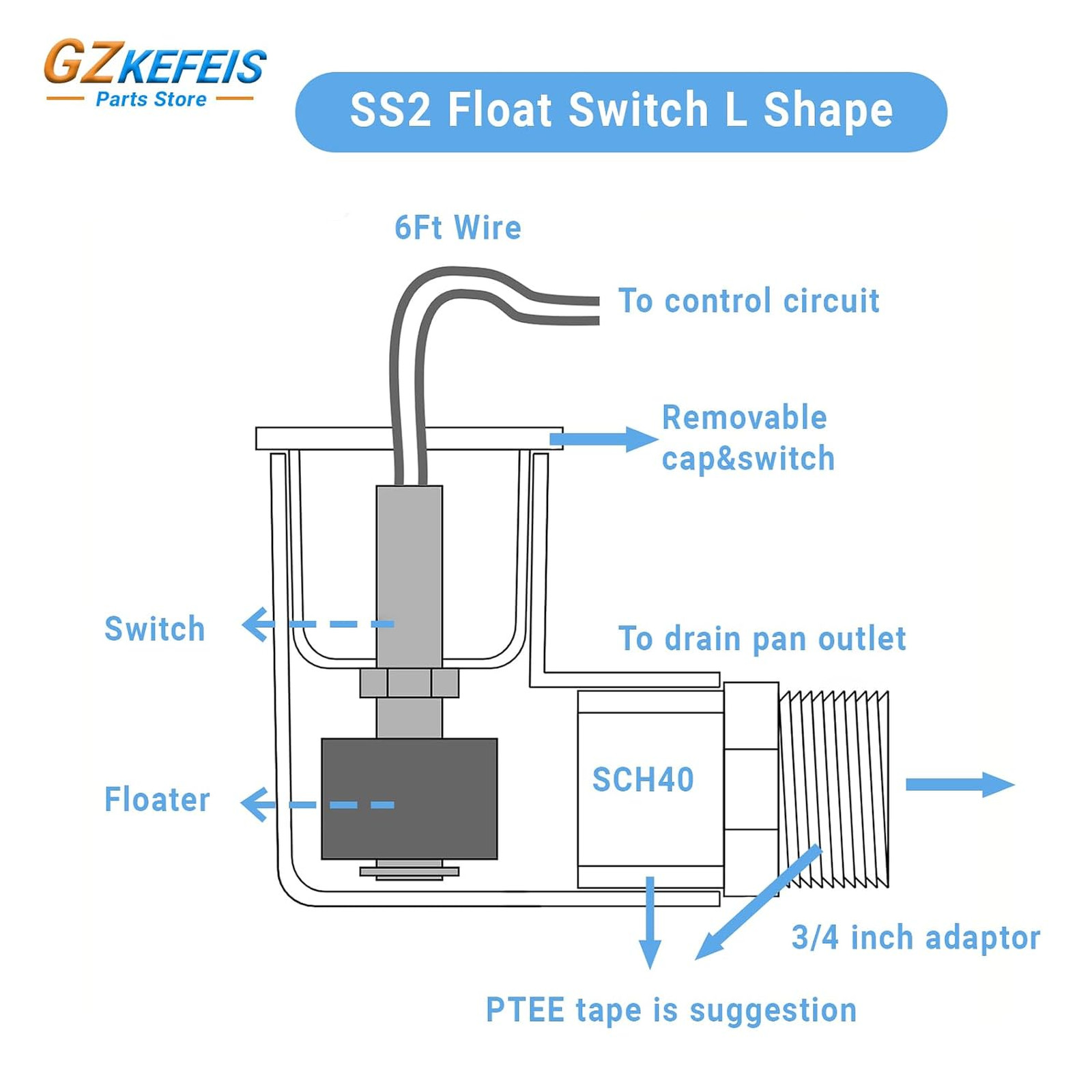 Float Switch L Shape Compatible with Safe T Switch HVAC Drain Pan Condensate
