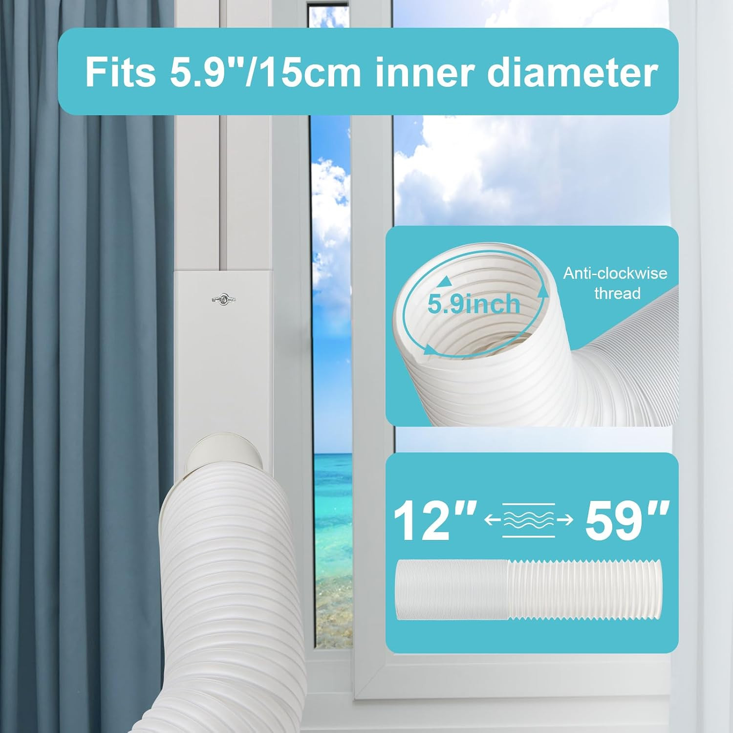 Portable AC Window Vent Kit, AC Seal Kit with 5.9&Prime; Hose for Sliding Windows | Pl
