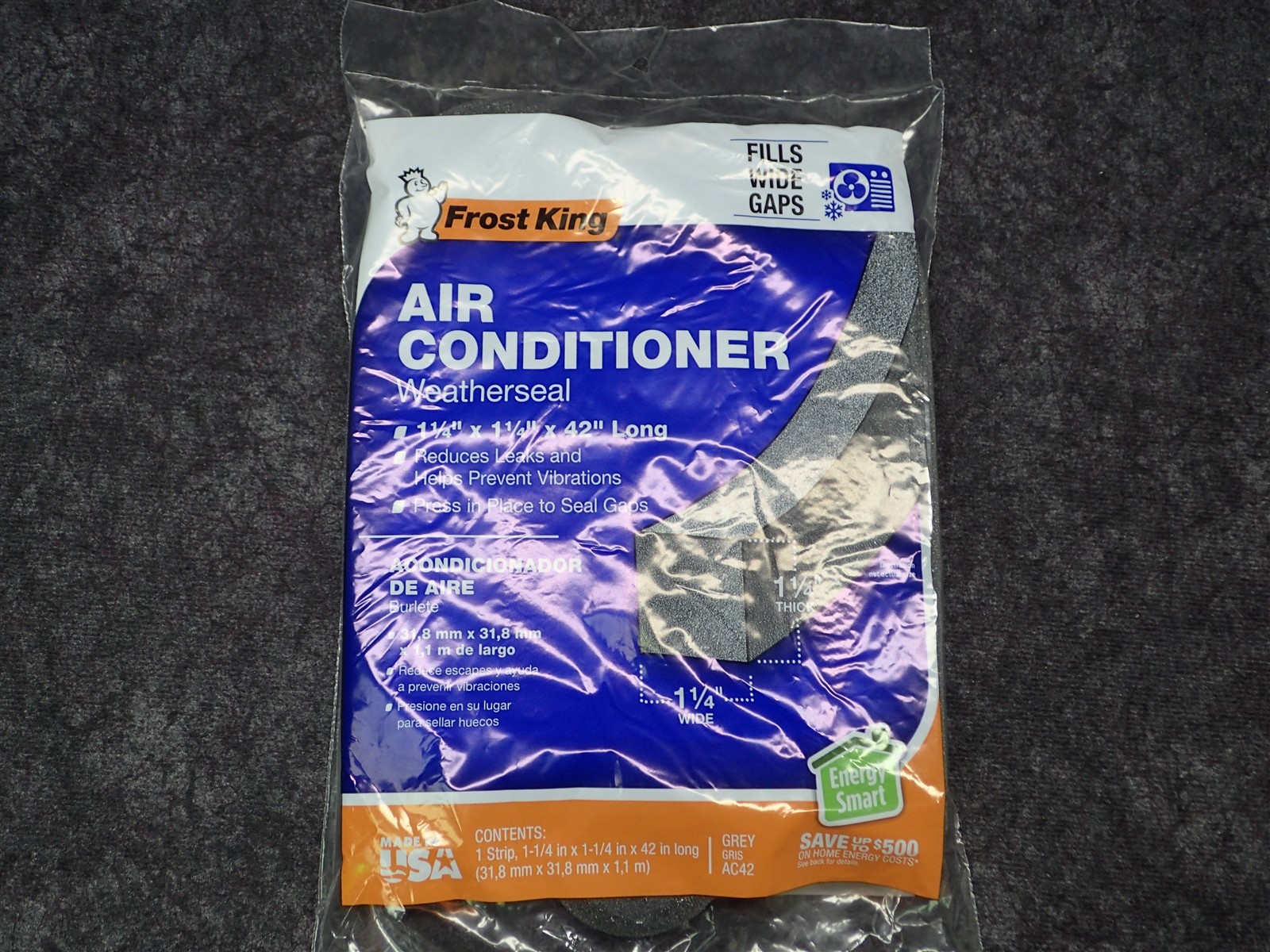 FROST KING Air Conditioner Weatherseal 1-1/4&Prime; X 1-1/4&Prime; X 42&Prime;, P/N GREY AC42, NOS