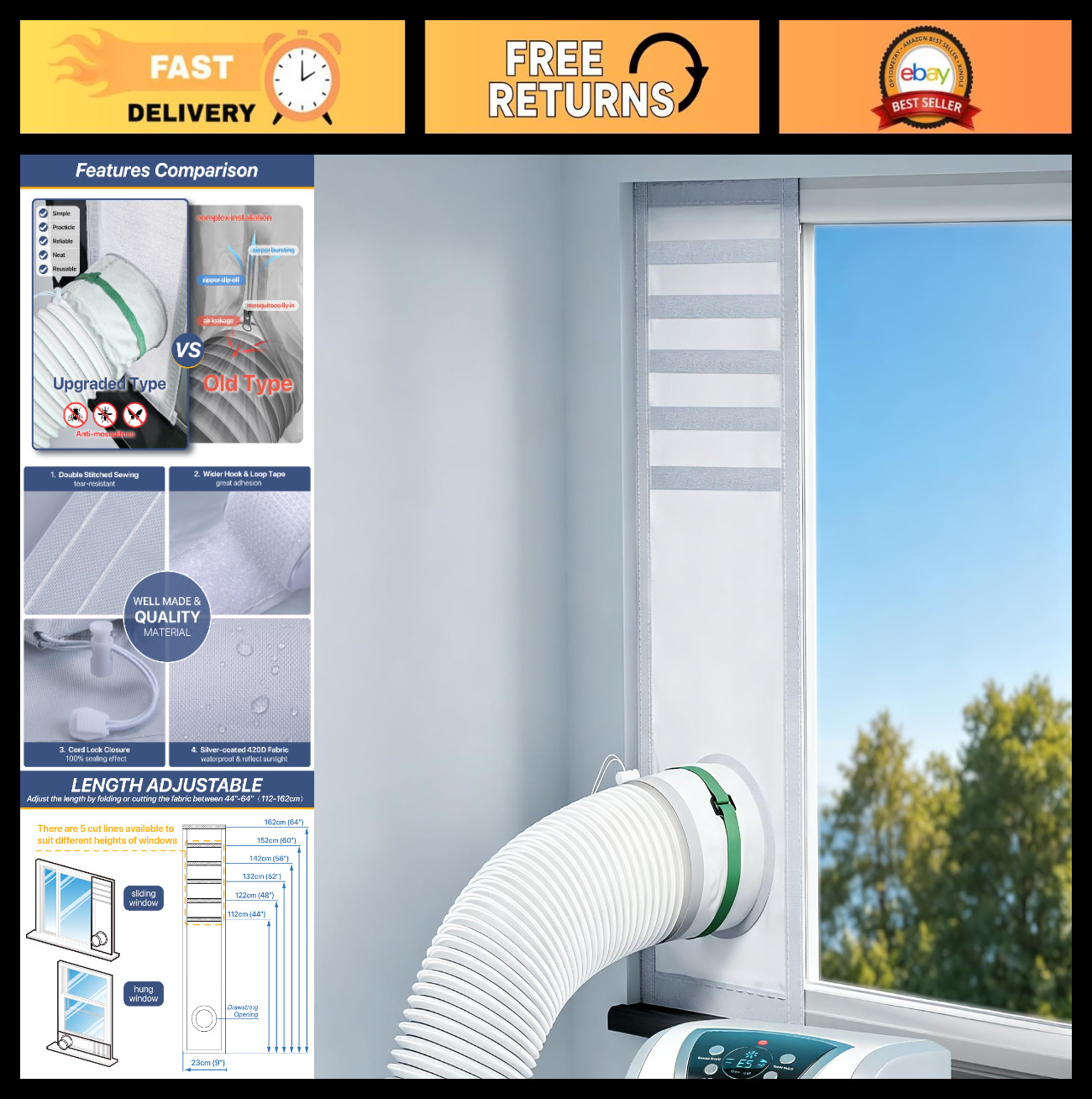 Portable Air Conditioner Window Vent Kit – Adjustable Seal for 5&Prime; & 6&Prime; Hoses, Wa