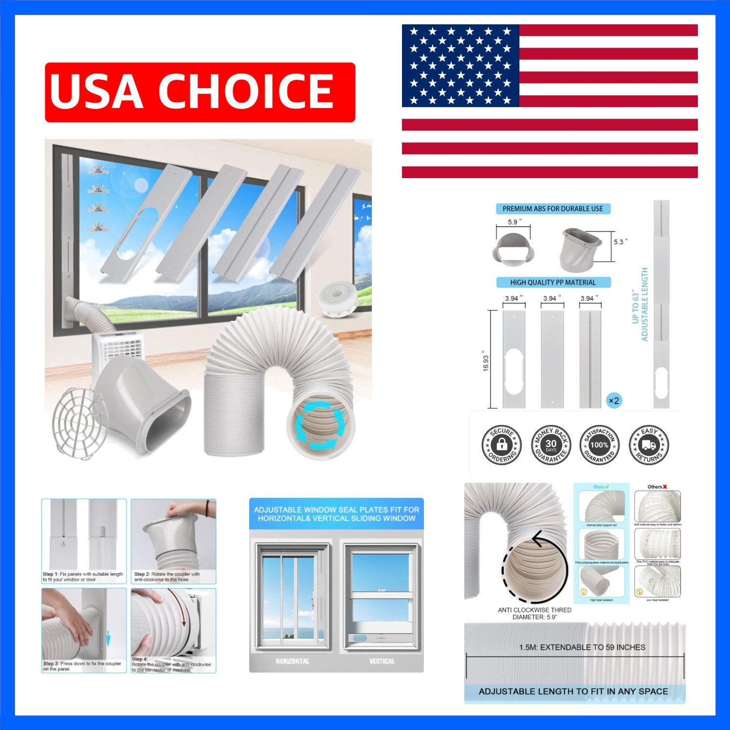 Portable Air Conditioner Window Vent Kit with 5.9” Exhaust Hose Adjustable Po…