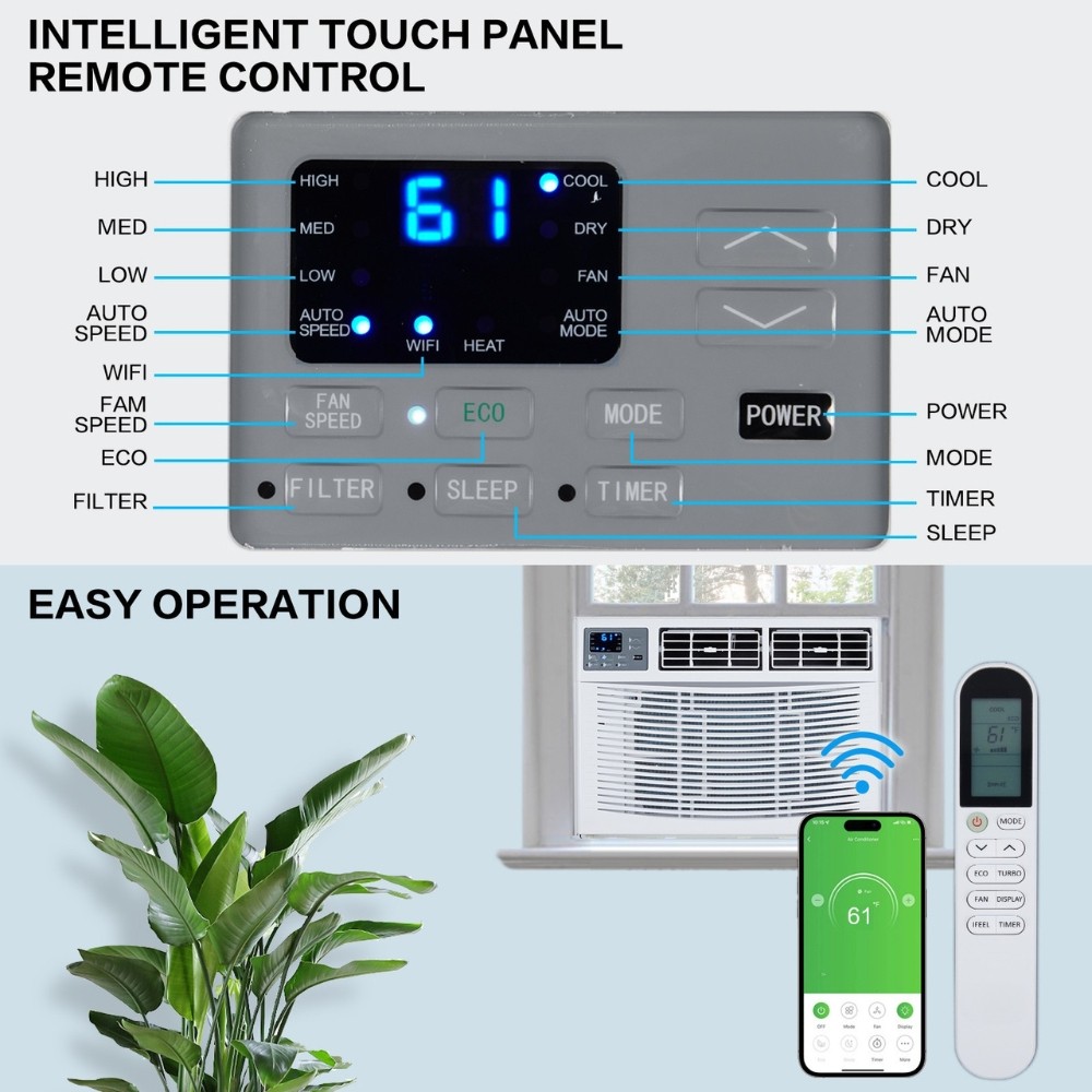 8,000 BTU Heat and Cool Window Air Conditioner w/ Wifi, Remote Control 350 sq.ft