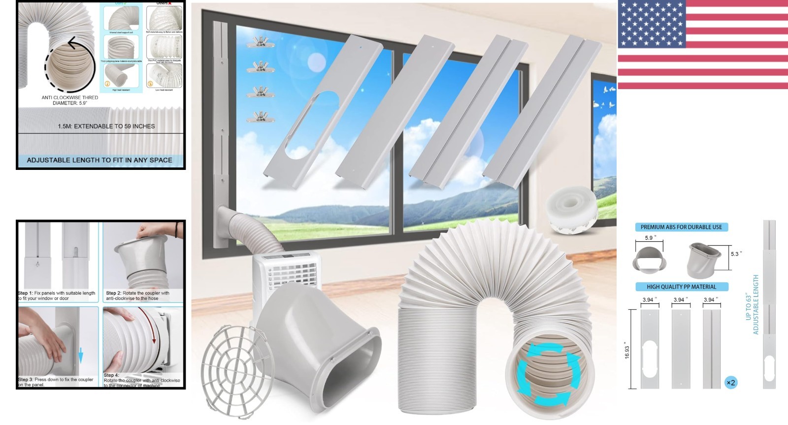 5.9&Prime; Exhaust Hose Portable AC Window Kit for Horizontal & Vertical Windows