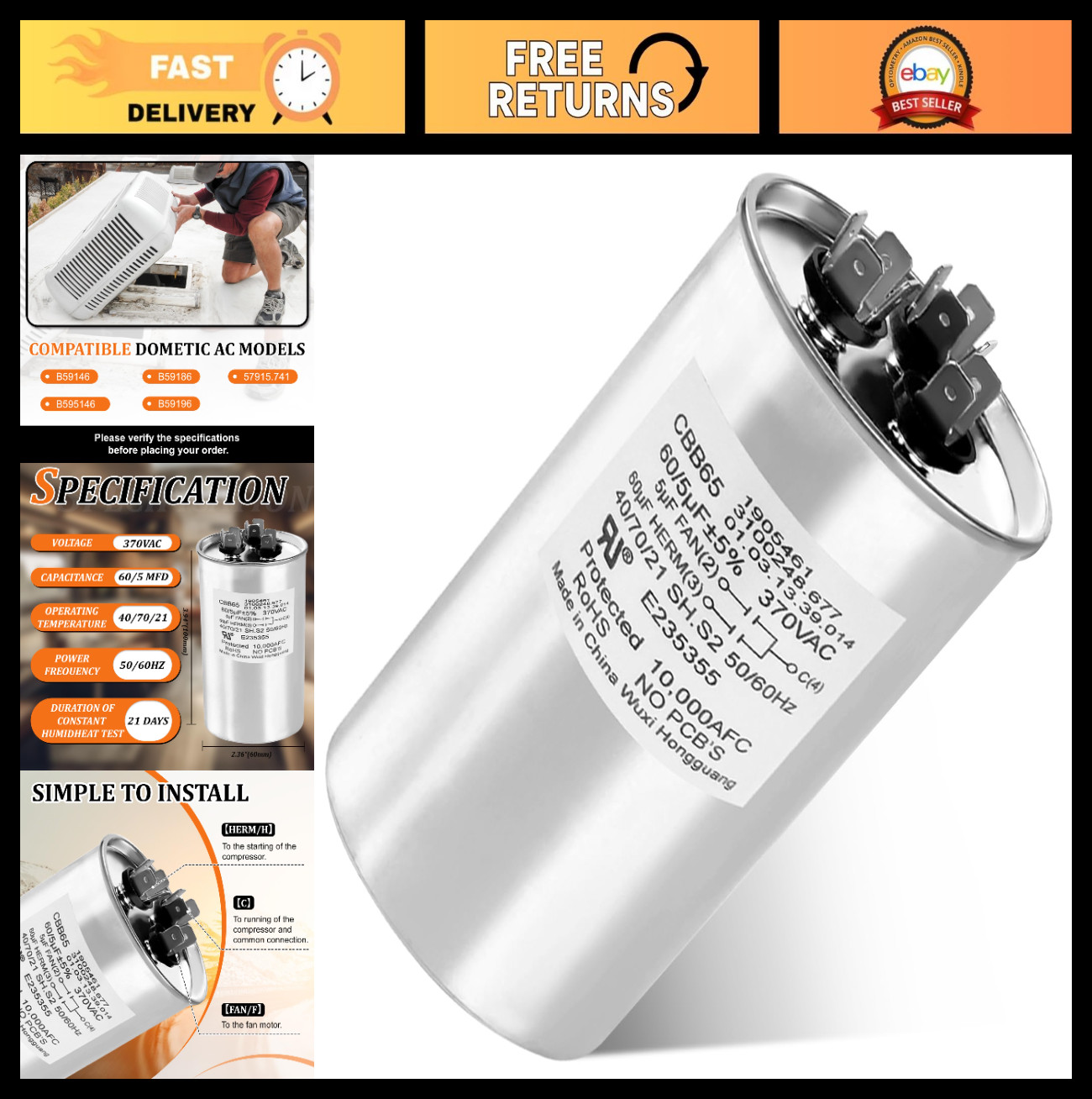 Heavy Duty 60/5 MFD RV Air Conditioner Motor Capacitor Replacement – Fits Dometi