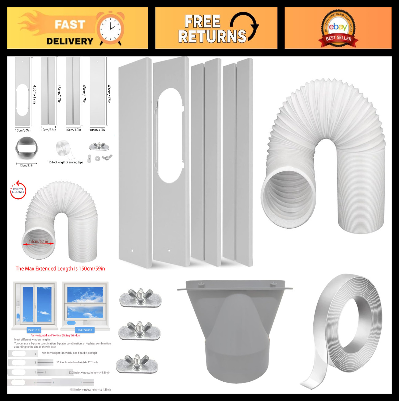 Portable Air Conditioner Window Kit, 5.1&Prime; Exhaust Hose & Adjustable Seal for AC