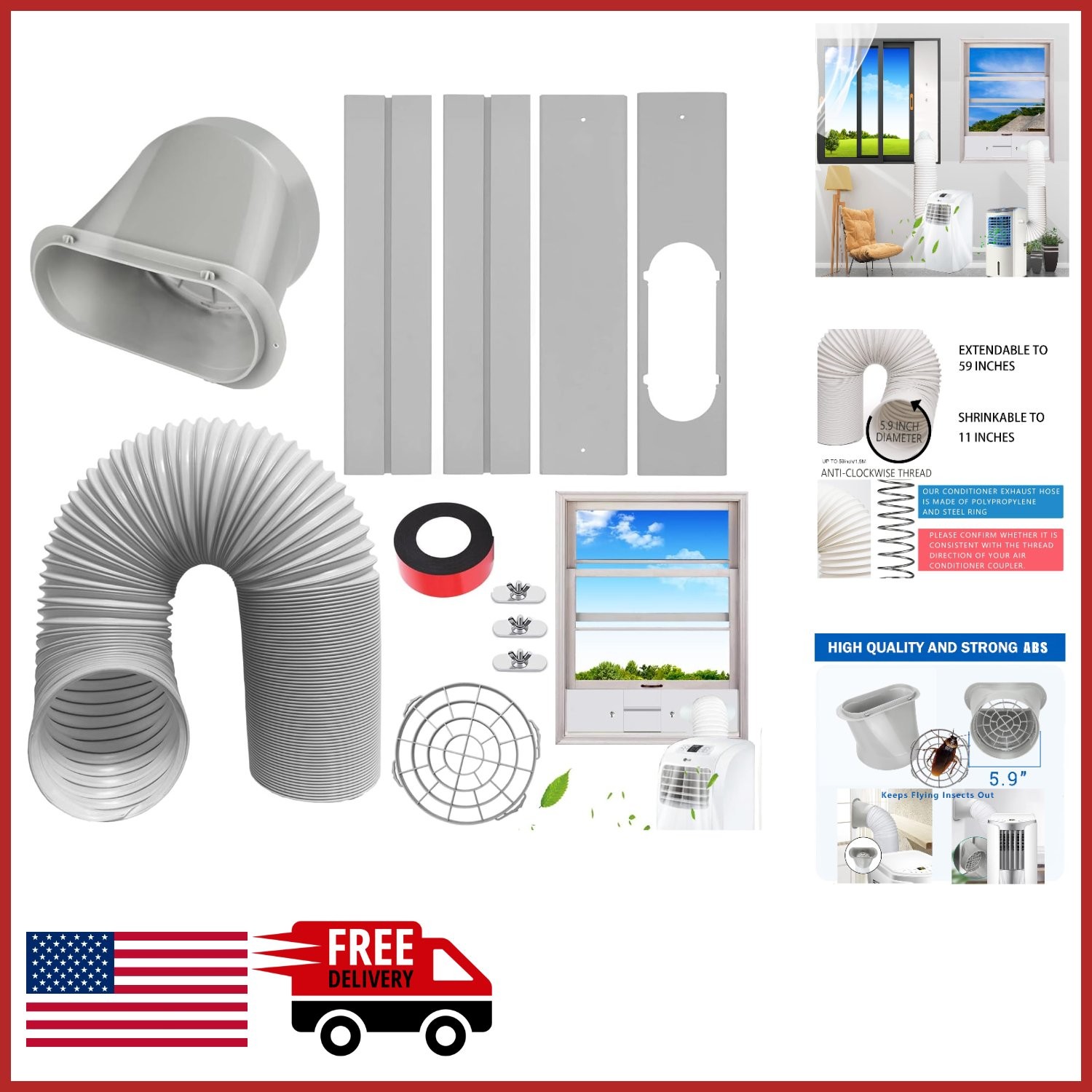 AC Window Vent Kit for Portable Units with 59&Prime; Exhaust Hose and Sealing Tape