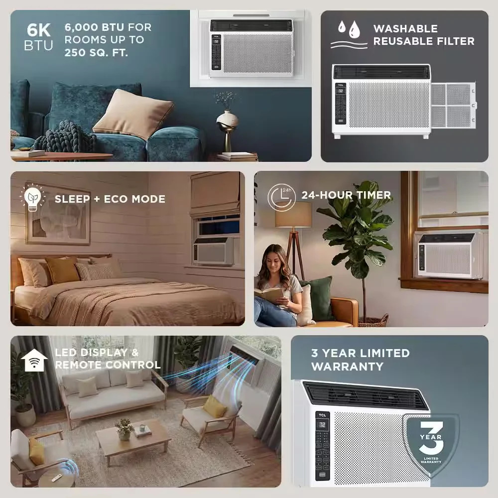 TCL 6000 BTU Window Air Conditioner 250 sq ft Remote Control 115V White T06WC3R