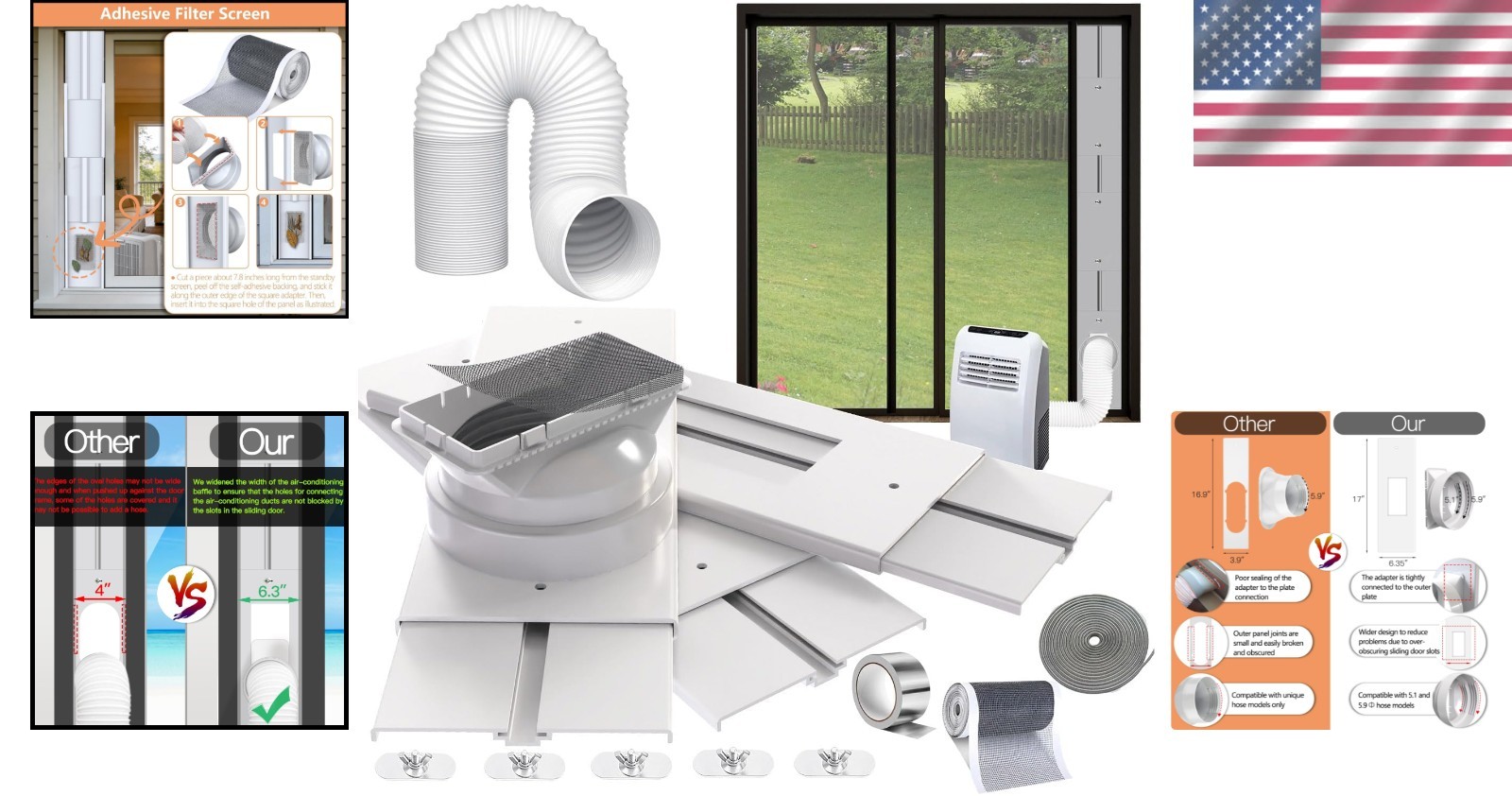 Universal Compatibility 95&Prime; Sliding AC Vent Kit with Φ 5.1&Prime; Hose & Filter Screen