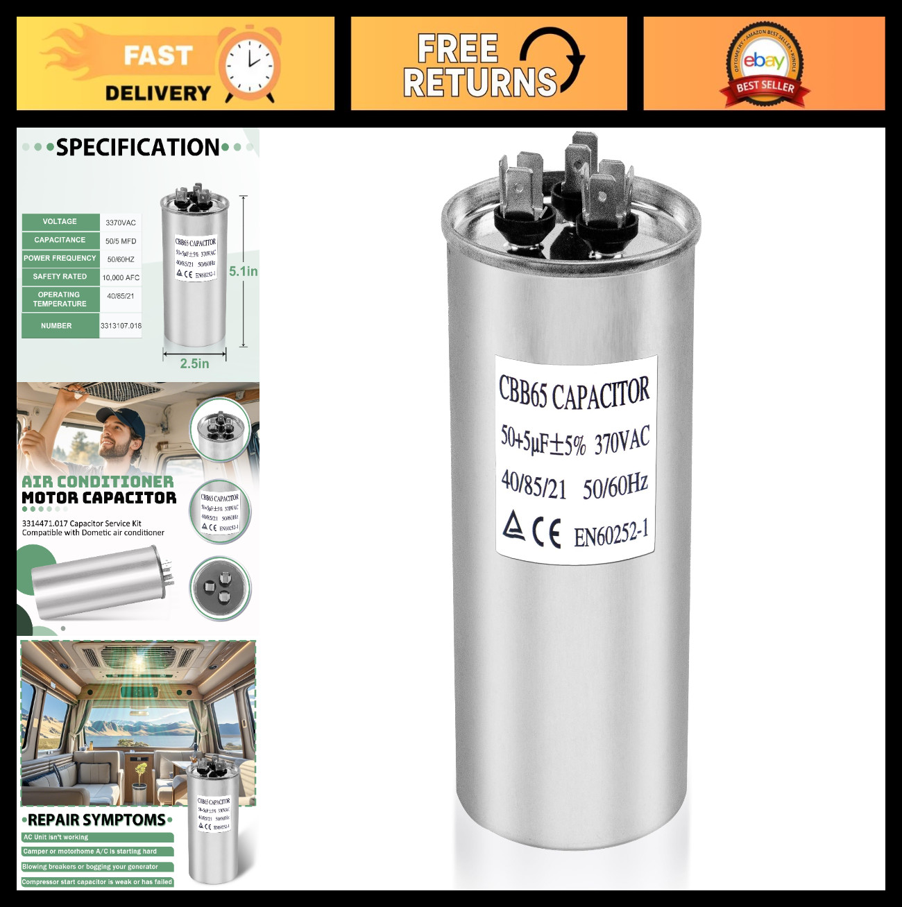 50/5 MFD RV Air Conditioner Motor Capacitor – 370/440V AC Service Kit for Heat P