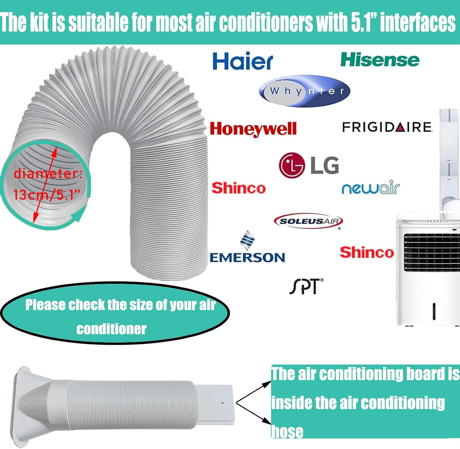 Portable Air Conditioner Window Vent Kit with Exhaust Hose 5.1 Inch Diameter, Ad