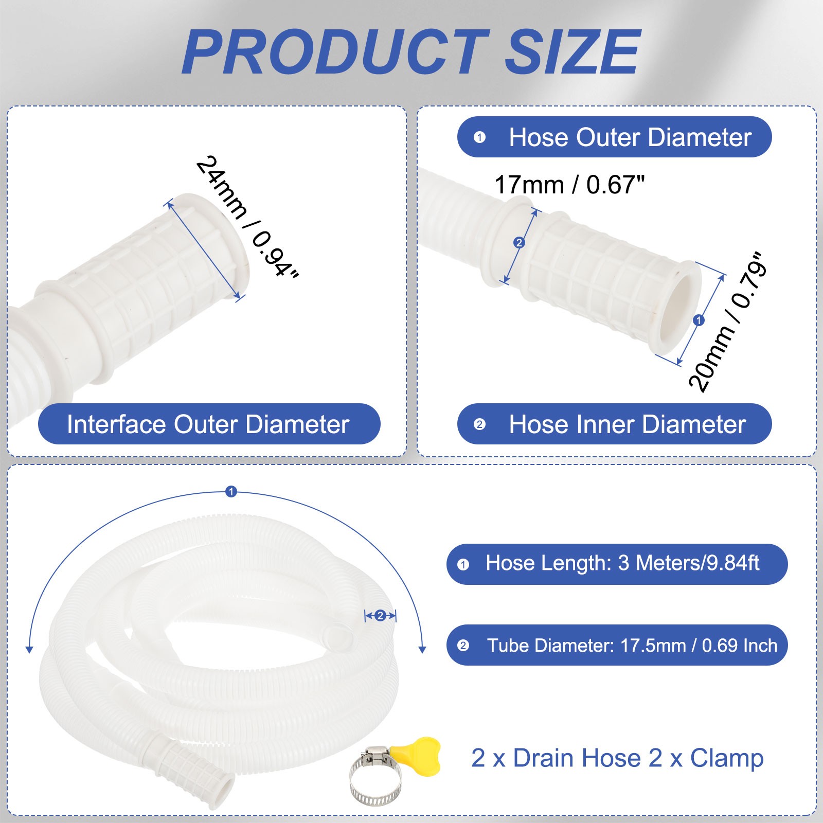 2 Set 9.84ft Air Conditioner Drain Universal AC Drain Connector Hose w Clamp