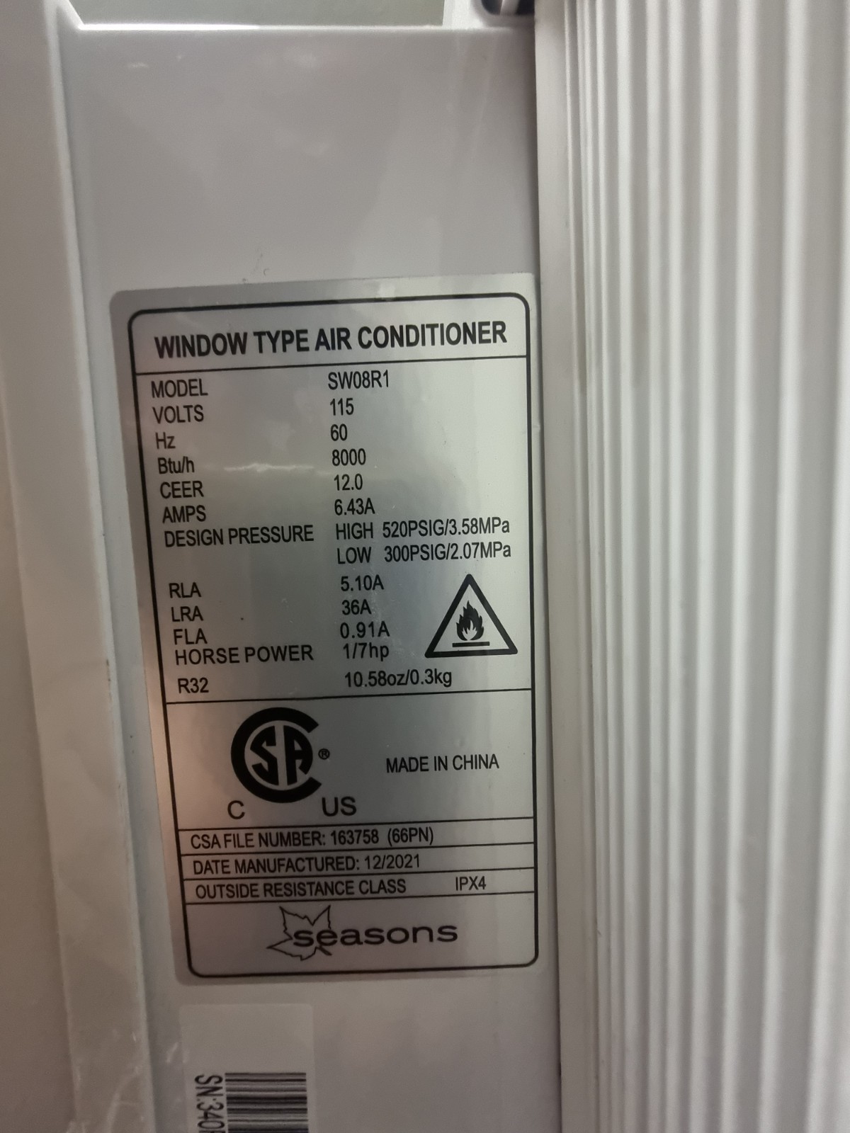 Seasons 8000 BTU, 115-Volt Window Air Conditioner Cool, Only in White (Open Box)