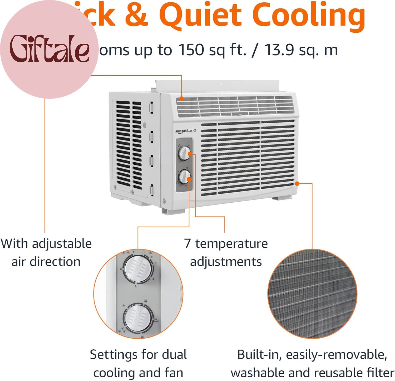 5000-BTU Window Air Conditioner with Quiet Operation, up to 150 Sqf, Cool and Fa