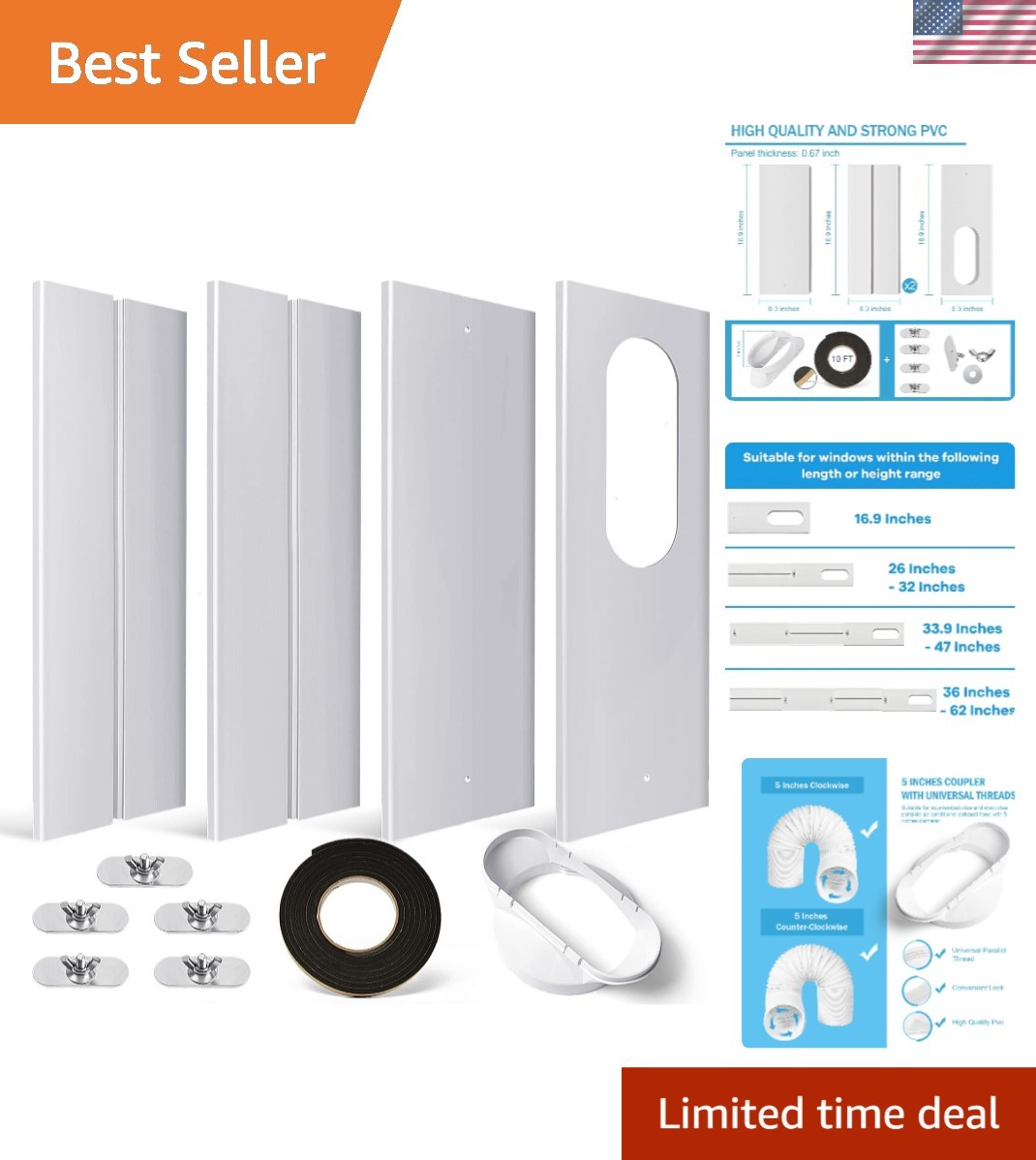 Portable Air Conditioner Window Kit – Adjustable Seal for 5&Prime; Exhaust Hose