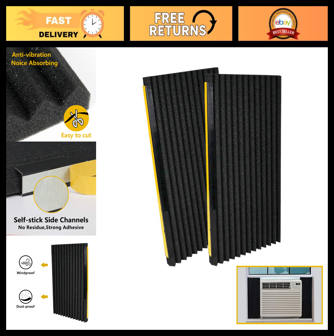 Window AC Insulation Foam Panels Kit – 2 Pack, Black, 17&Prime;x9&Prime;x7/8&Prime; – Energy Saver