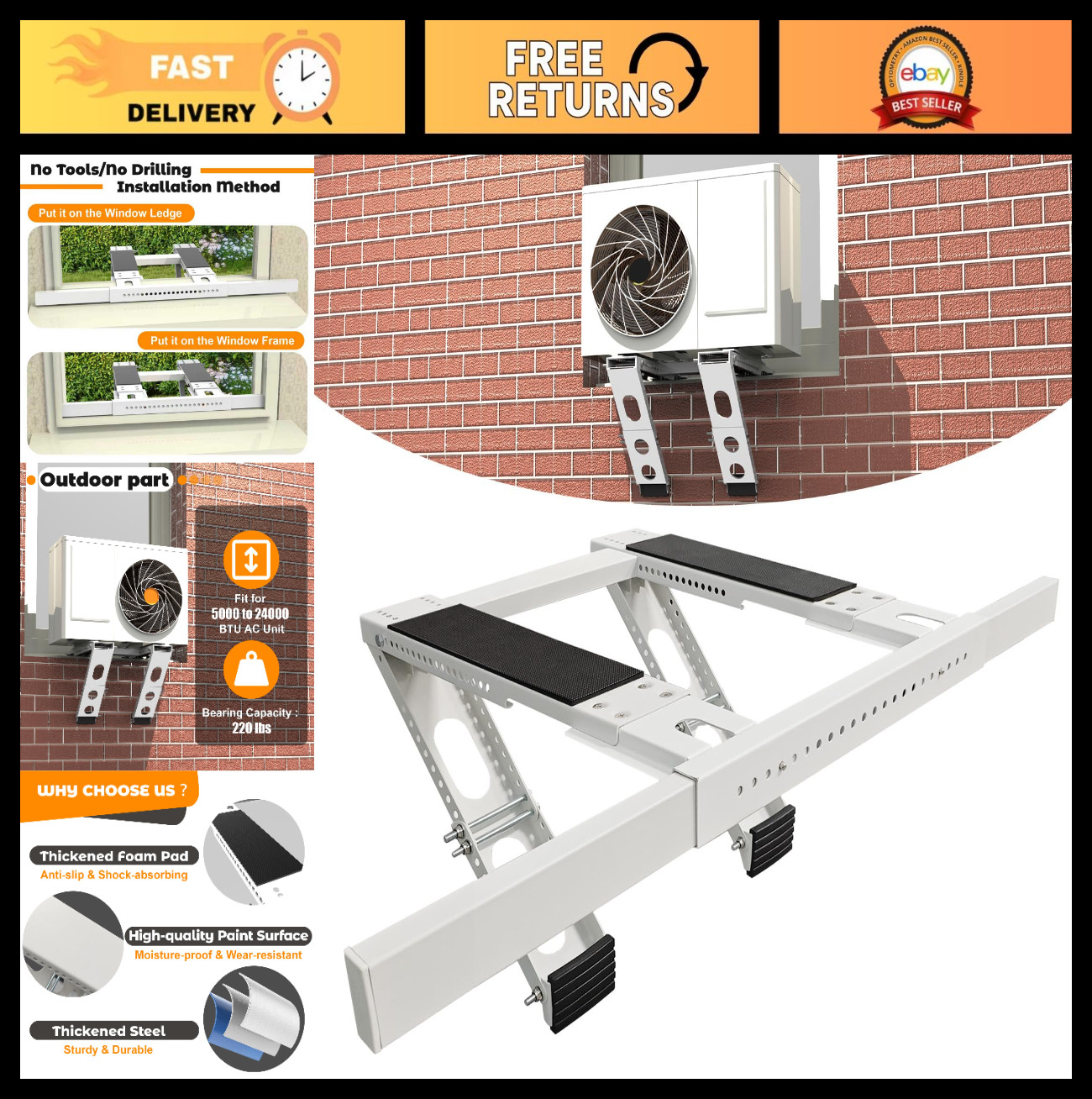 Adjustable No-Drill AC Support Bracket for Windows, Heavy Duty Steel, 220lbs Cap