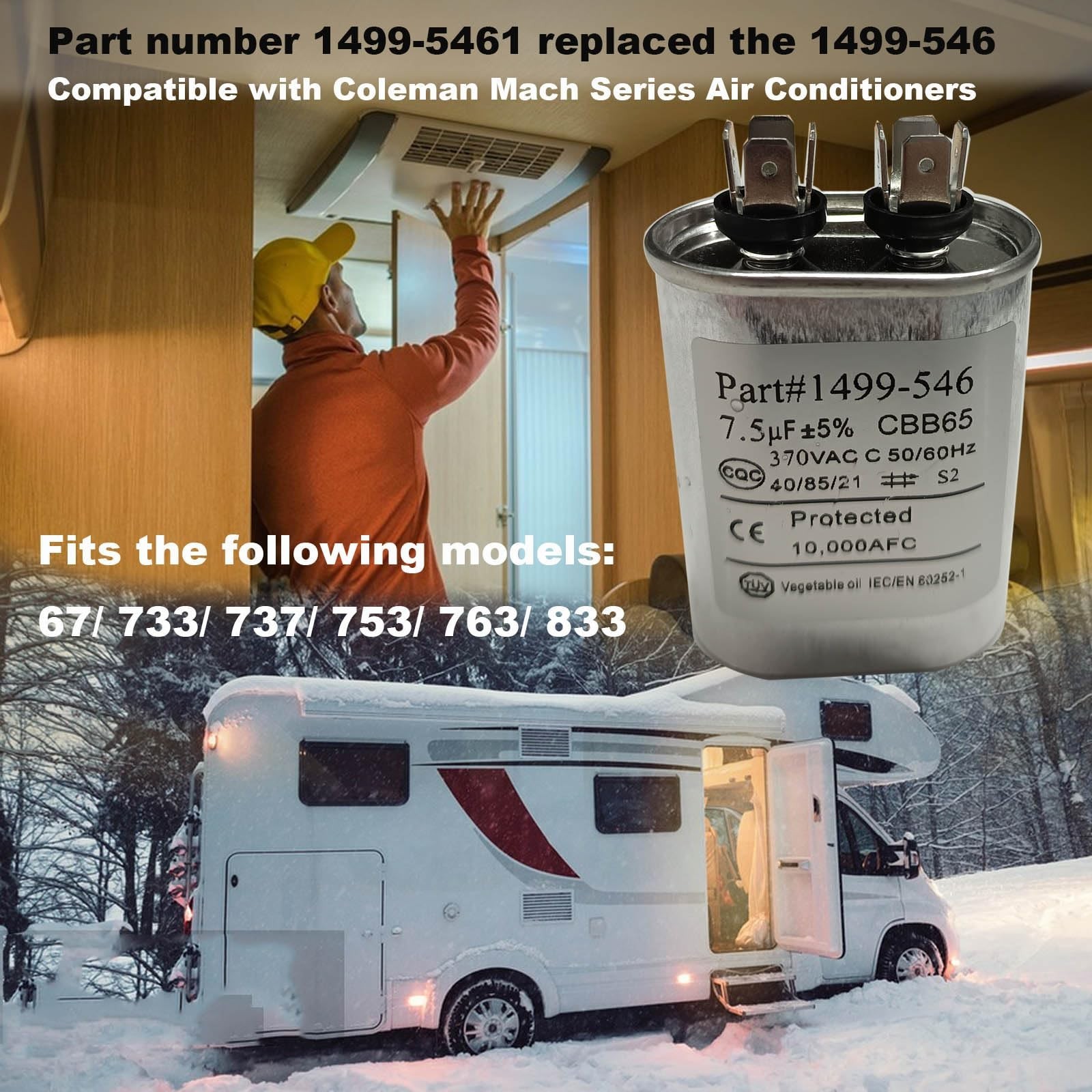 7.5 F Fan Capacitor for RV Air Conditioner – Oval Metal, 370 VAC, Fits Coleman M