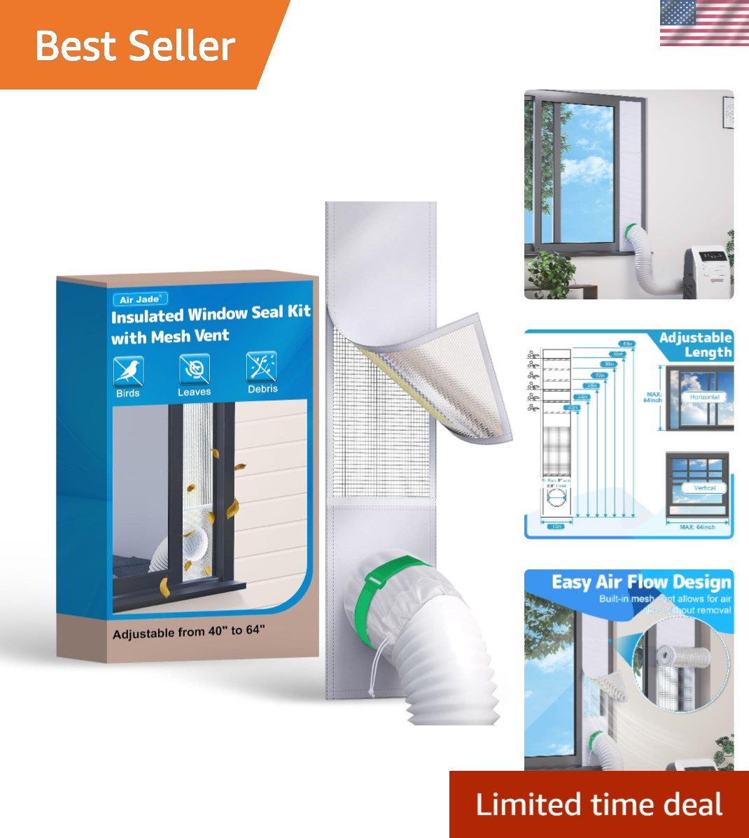 Portable Air Conditioner Window Kit Insolated Vent Seal for 40-64 Inch Windows