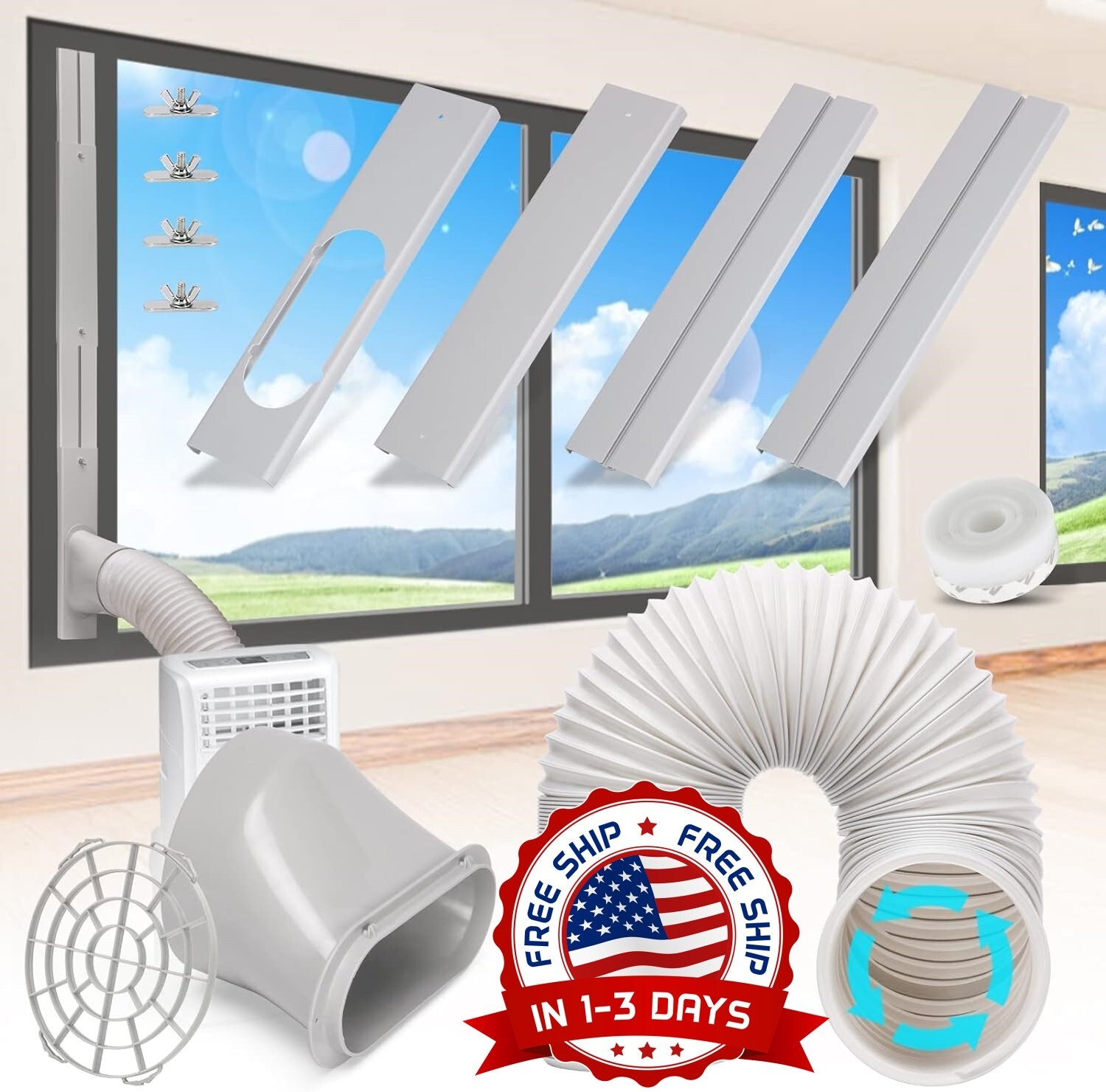 Kit De Ventana De Aire Acondicionado Portatil Con Manguera De Escape De 5.9” NEW