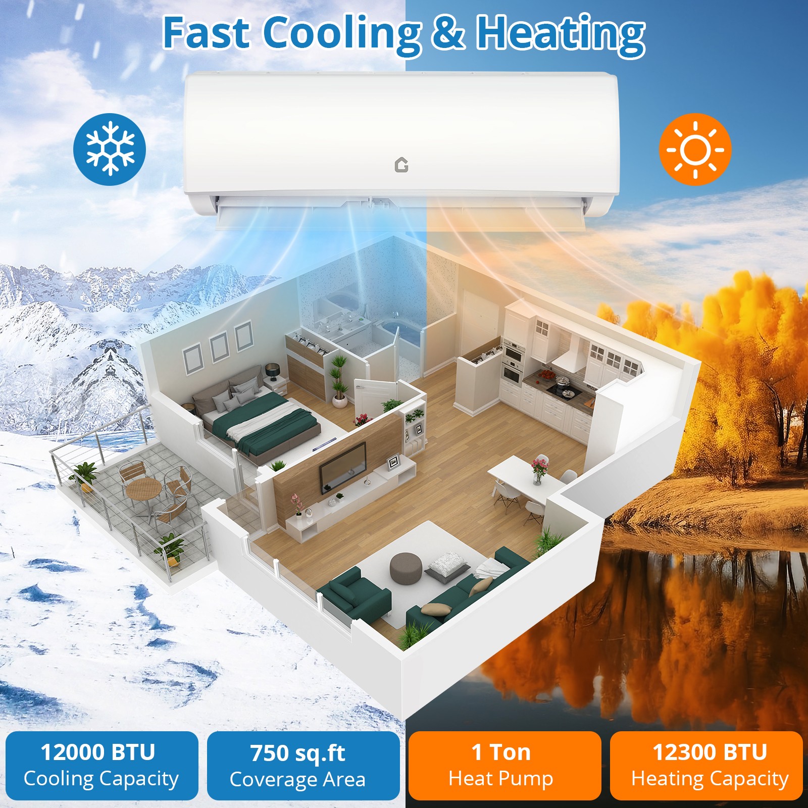 9000 BTU Mini Split Air Conditioner Heat Pump 20 SEER2 Ductless Inverter