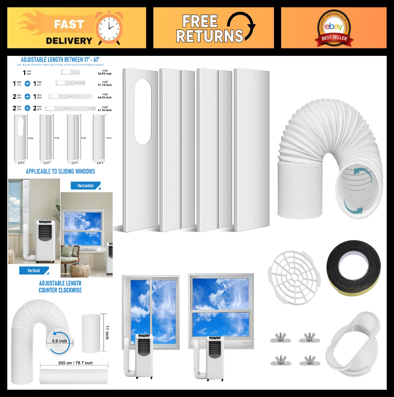 Portable Air Conditioner Window Vent Kit | 5.9&Prime; Exhaust Hose & Seal for Sliding