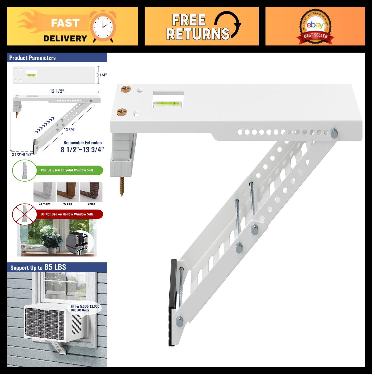 Heavy Duty Window AC Support Bracket, Universal Fit for 5,000-12,000 BTU Units,